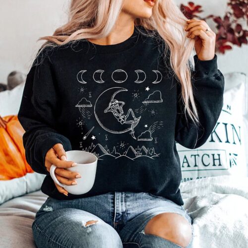 Skeleton in Moon and Mountains Sweatshirt | Moon and Stars Sweater Halloween Mood image 0