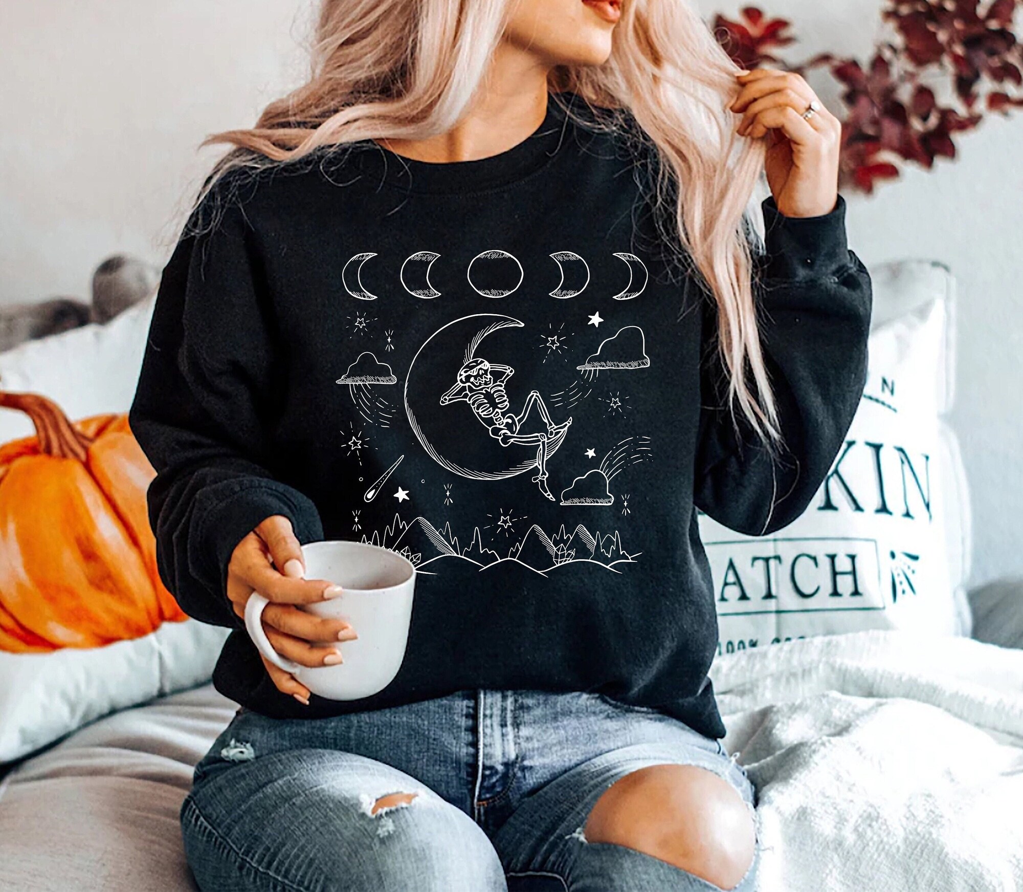 Skeleton in Moon and Mountains Sweatshirt | Moon and Stars Sweater Halloween Mood image 0
