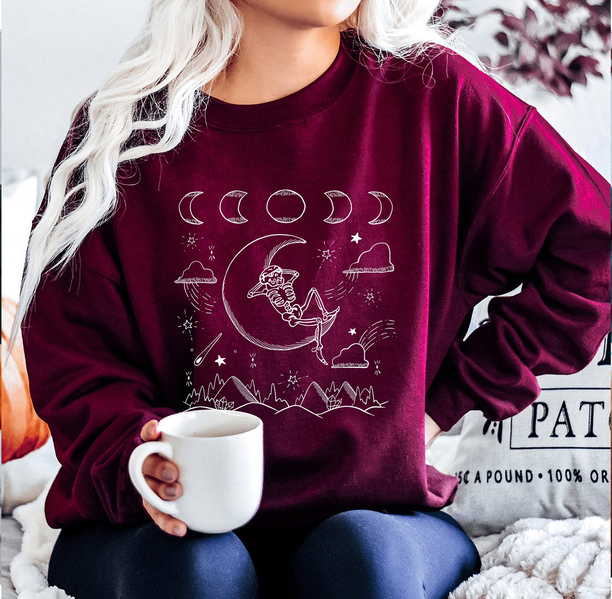 Skeleton in Moon and Mountains Sweatshirt | Moon and Stars Sweater Halloween Mood image 1