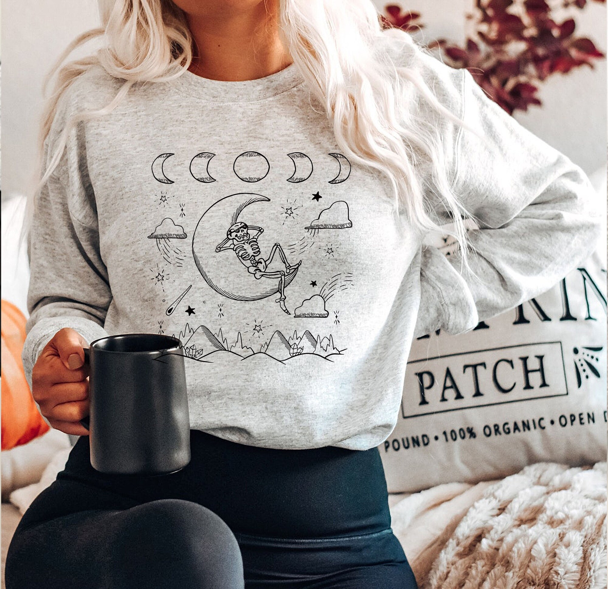 Skeleton in Moon and Mountains Sweatshirt | Moon and Stars Sweater Halloween Mood image 2