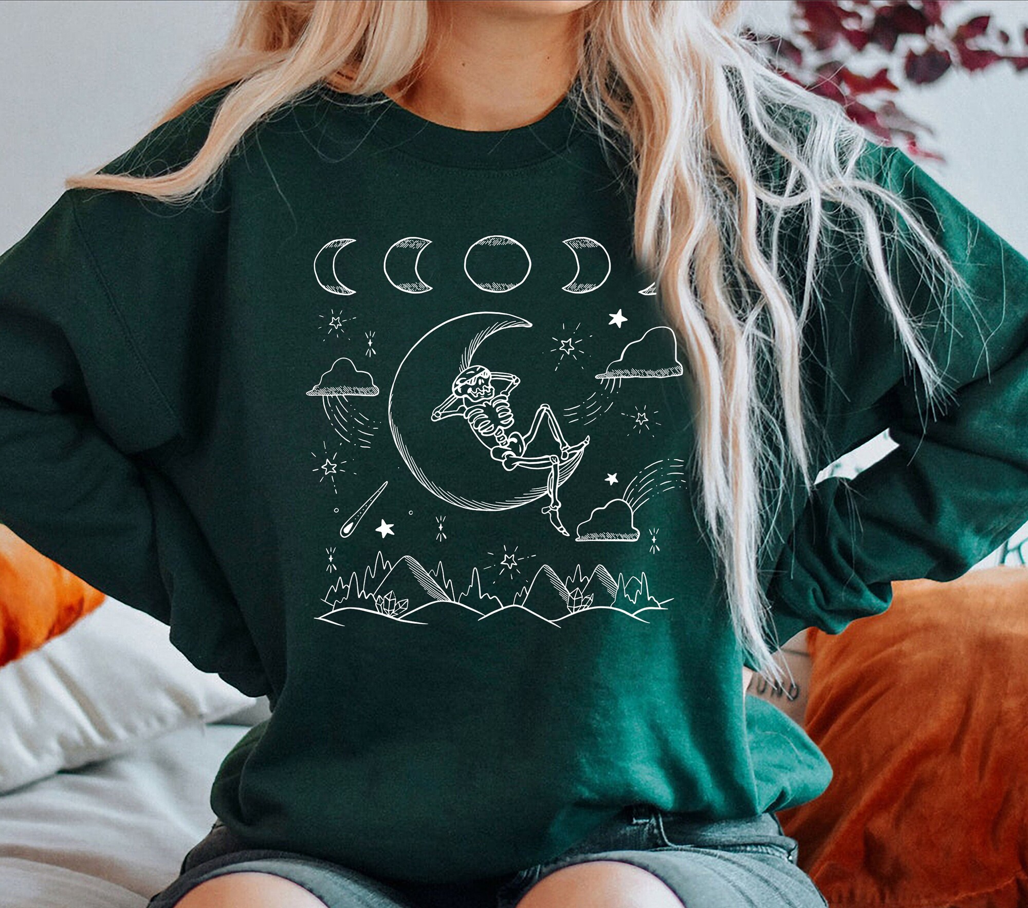 Skeleton in Moon and Mountains Sweatshirt | Moon and Stars Sweater Halloween Mood image 4