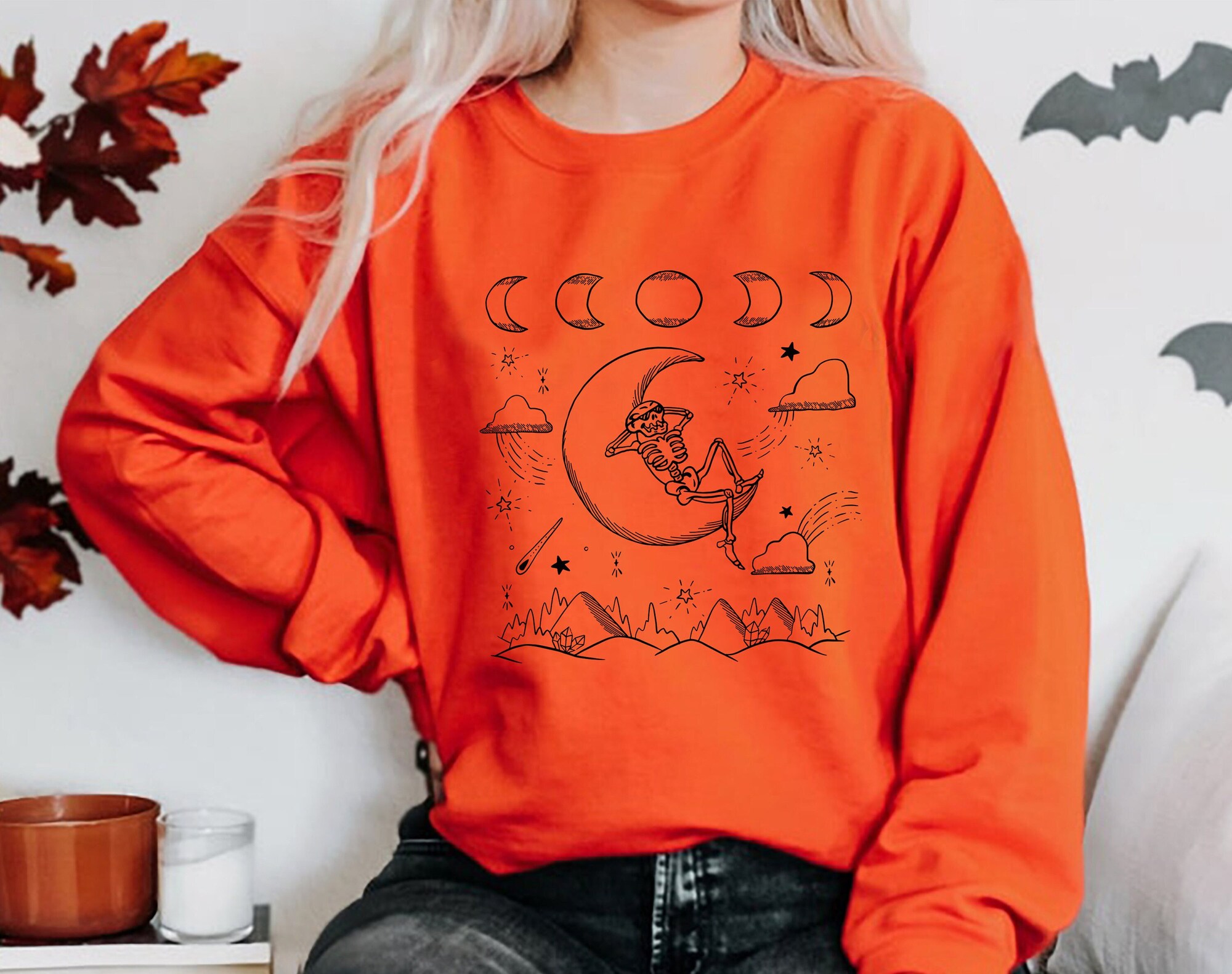 Skeleton in Moon and Mountains Sweatshirt | Moon and Stars Sweater Halloween Mood image 5