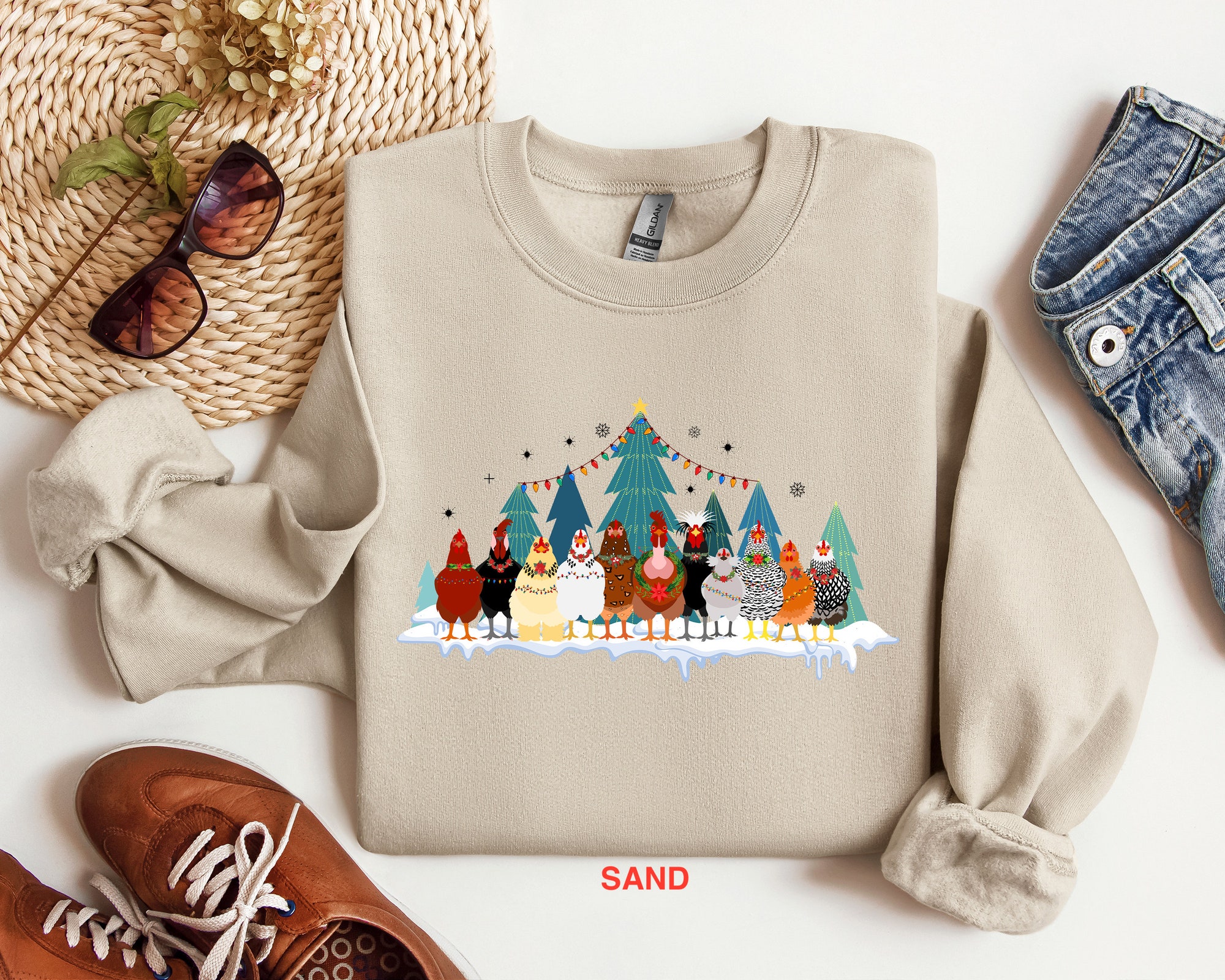 Christmas Chicken Sweatshirt - Farm Animal Holiday Tee image 3