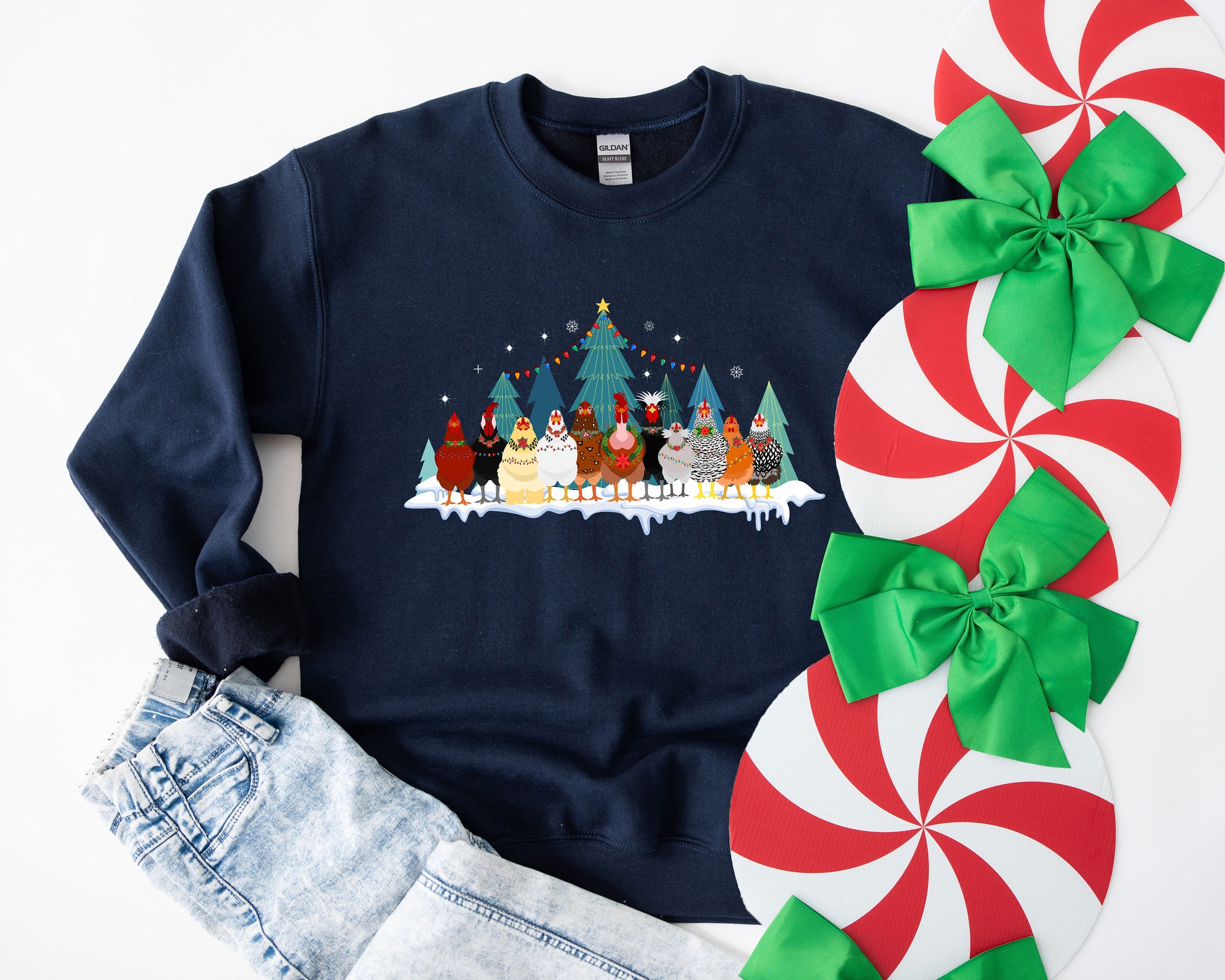 Christmas Chicken Sweatshirt - Farm Animal Holiday Tee image 1