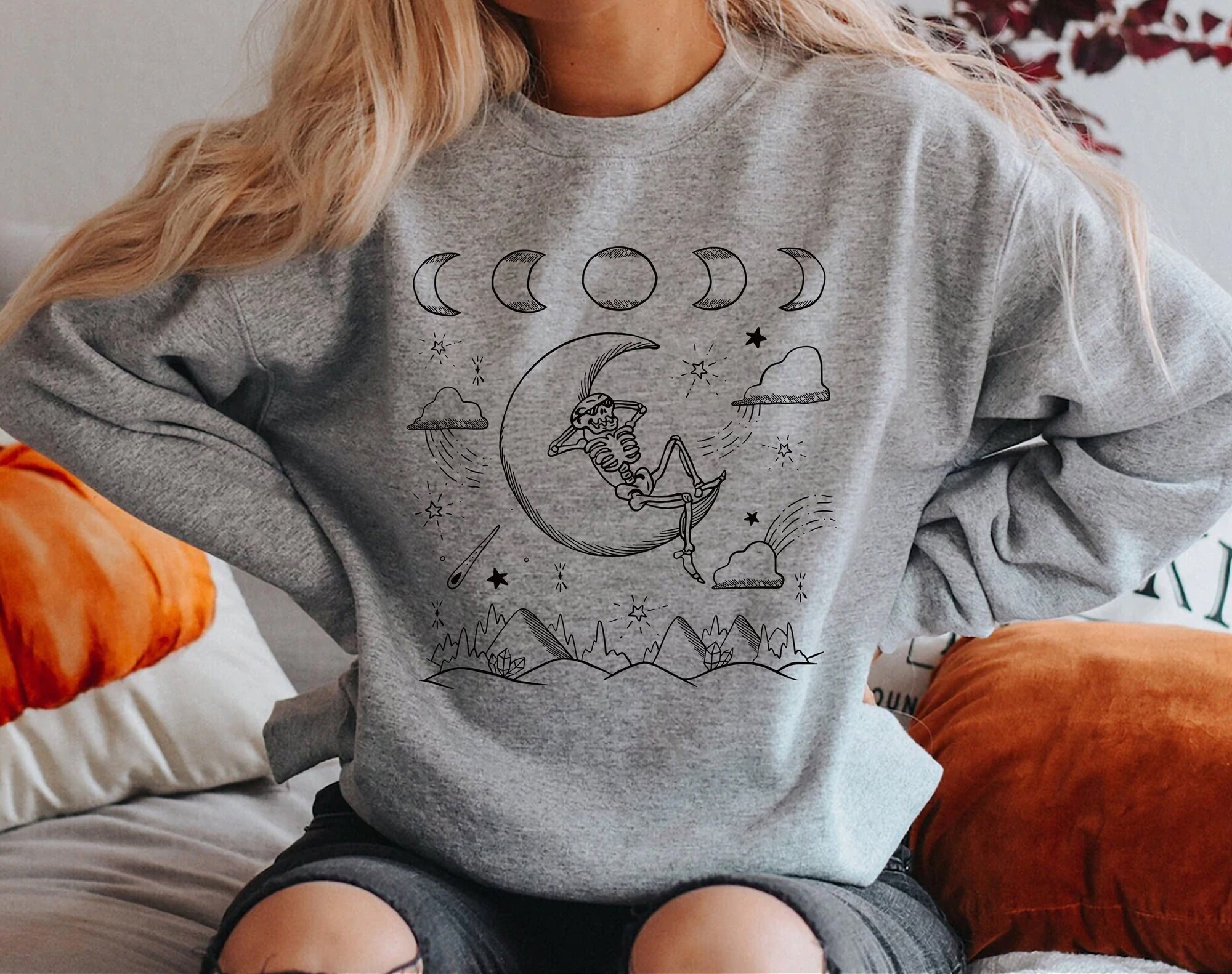 Skeleton in Moon and Mountains Sweatshirt | Moon and Stars Sweater Halloween Mood image 6