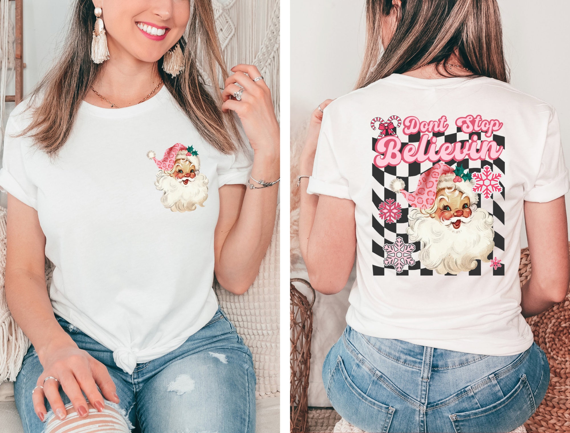 Don't Stop Believin' Christmas Shirt Pink Santa Retro Trip Tee image 0
