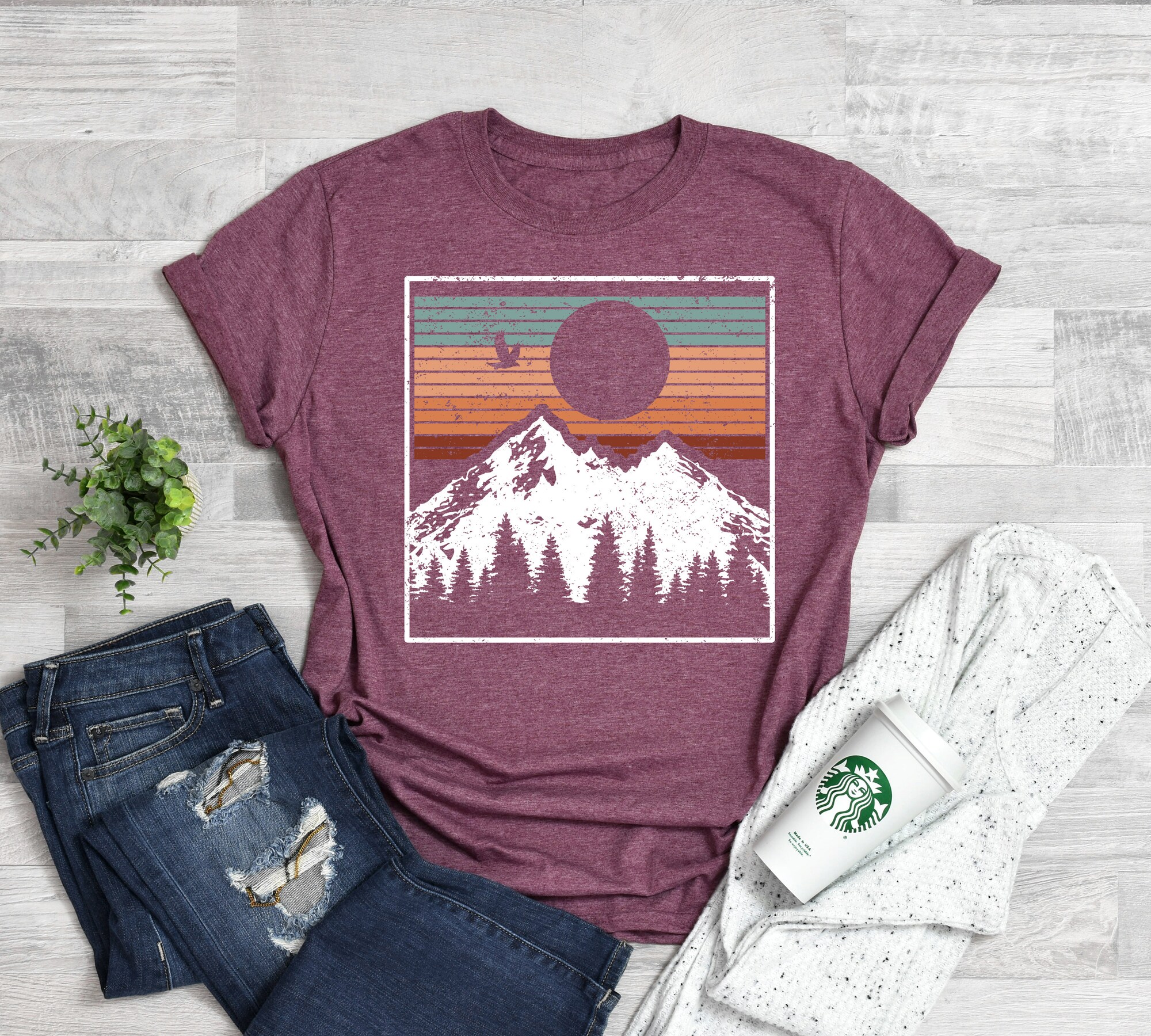 Snowy Landscape & Pine Trees Christmas Tee: Sunset Shirt image 2