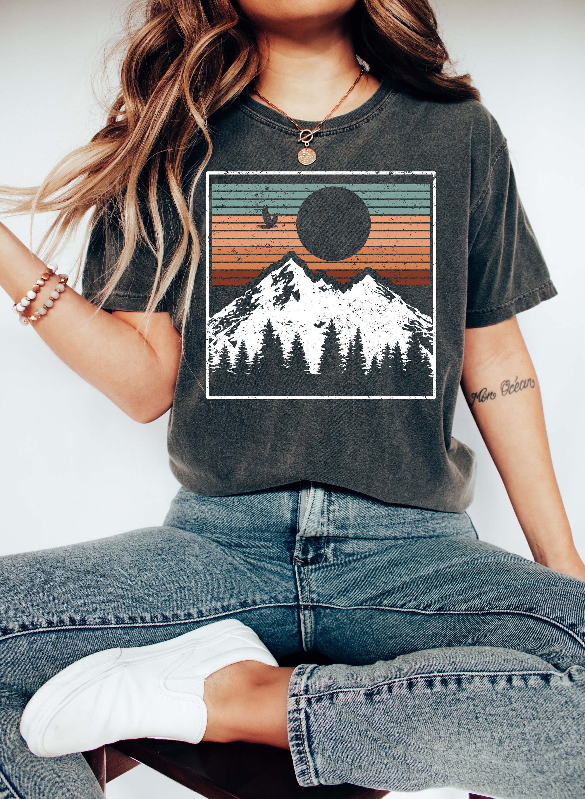 Snowy Landscape & Pine Trees Christmas Tee: Sunset Shirt image 0