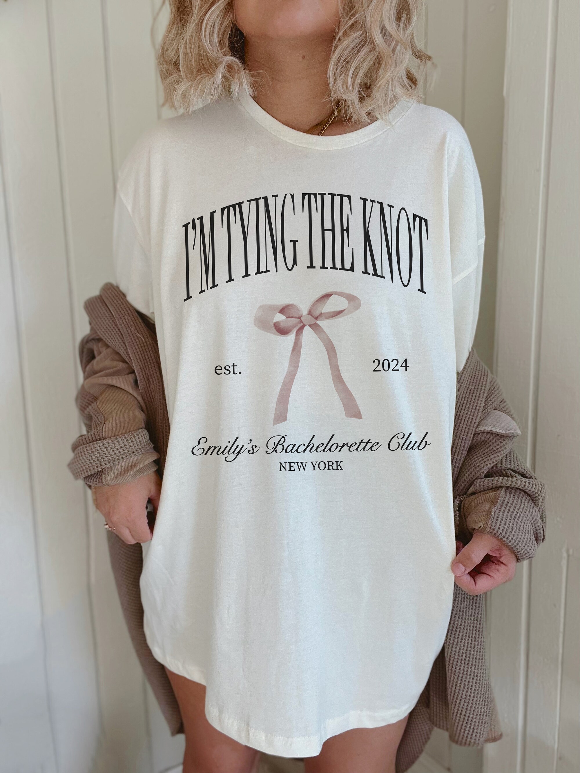 I'm Tying the Knot, Bow Coquette Bachelorette, Comfort Colors Shirt, Custom Location Bach Club Tee, Cute Girly Bridal Party Gift image 2