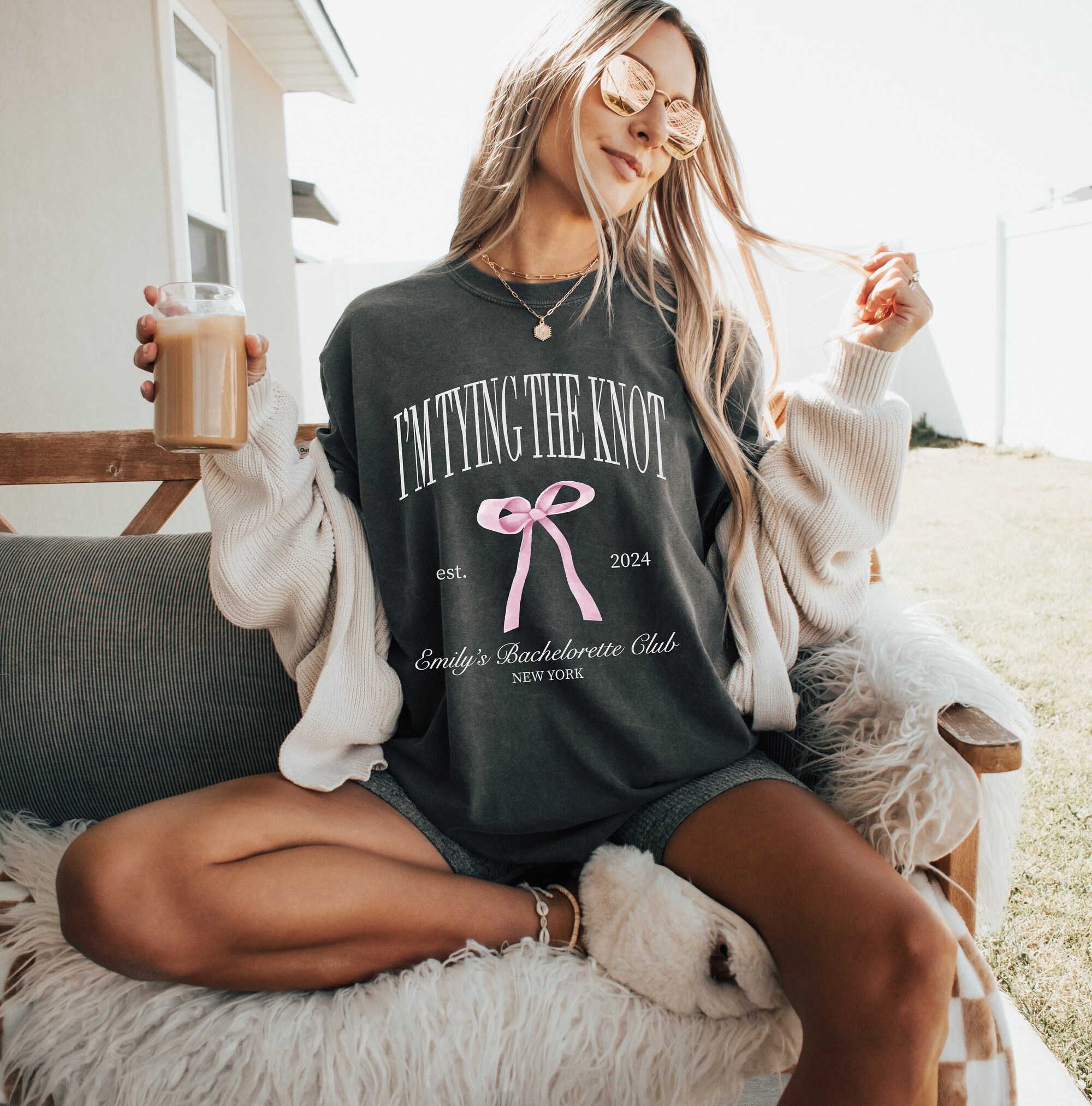 I'm Tying the Knot, Bow Coquette Bachelorette, Comfort Colors Shirt, Custom Location Bach Club Tee, Cute Girly Bridal Party Gift image 0