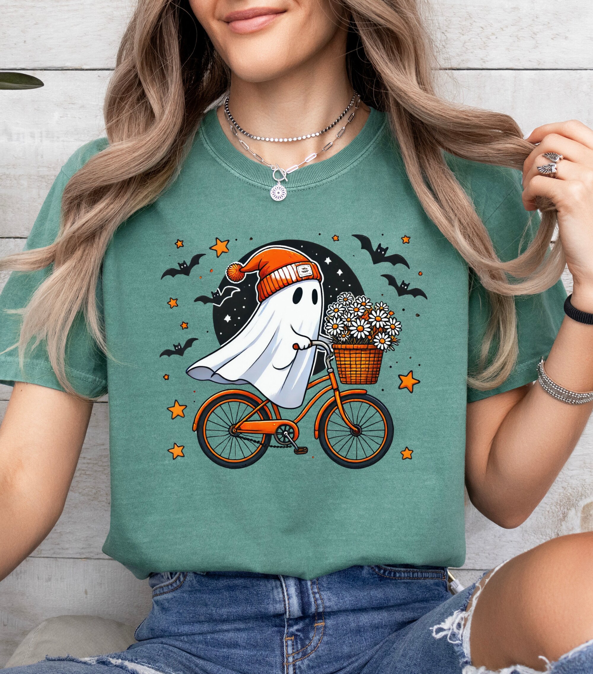 Cute Bicycle Ghost Shirt - Women's Spooky Season Halloween Party Tee image 4