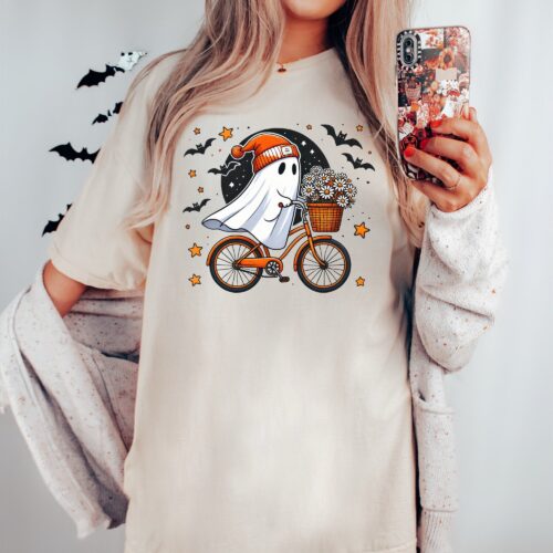 Cute Bicycle Ghost Shirt - Women's Spooky Season Halloween Party Tee image 0