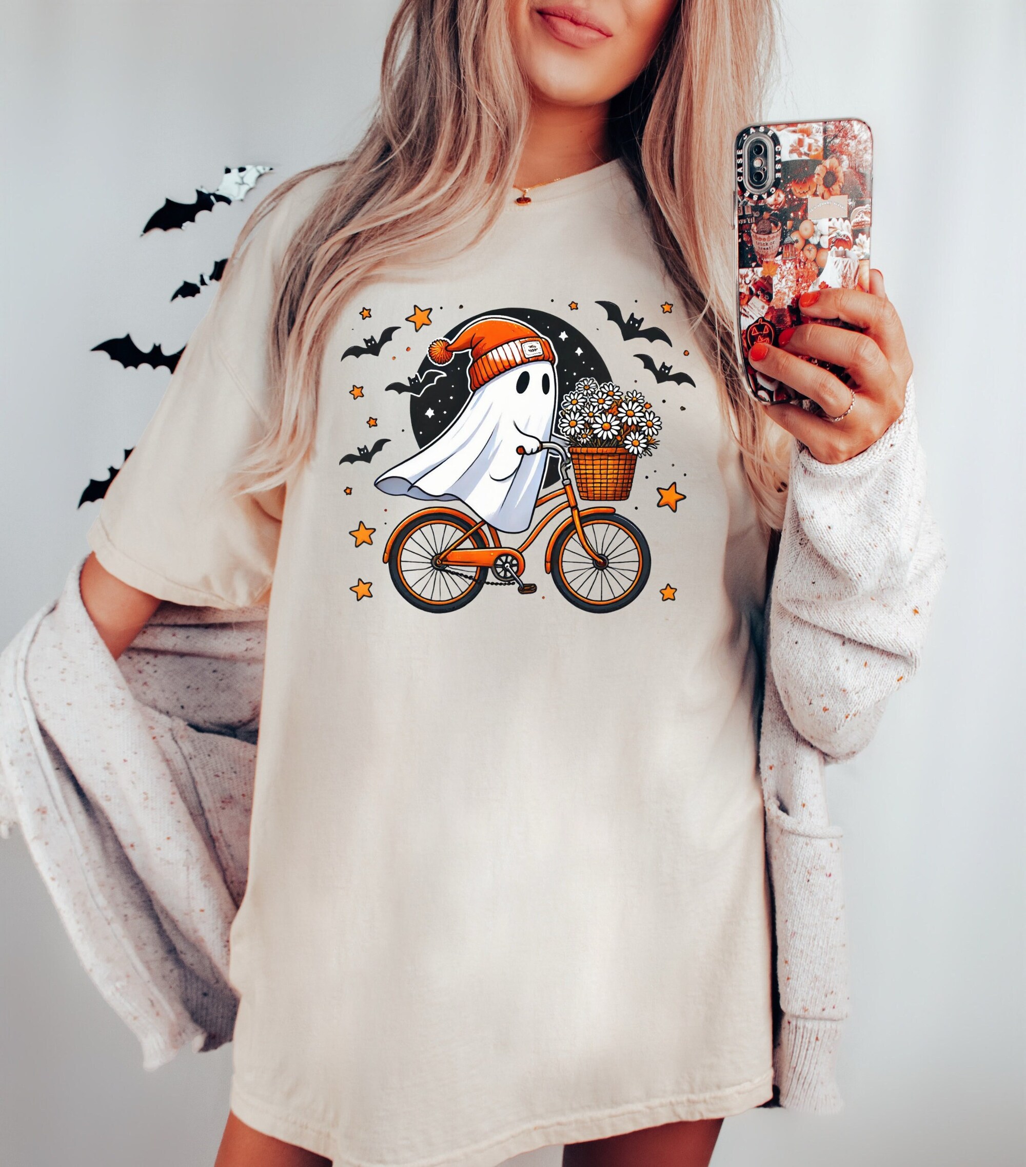 Cute Bicycle Ghost Shirt - Women's Spooky Season Halloween Party Tee image 0