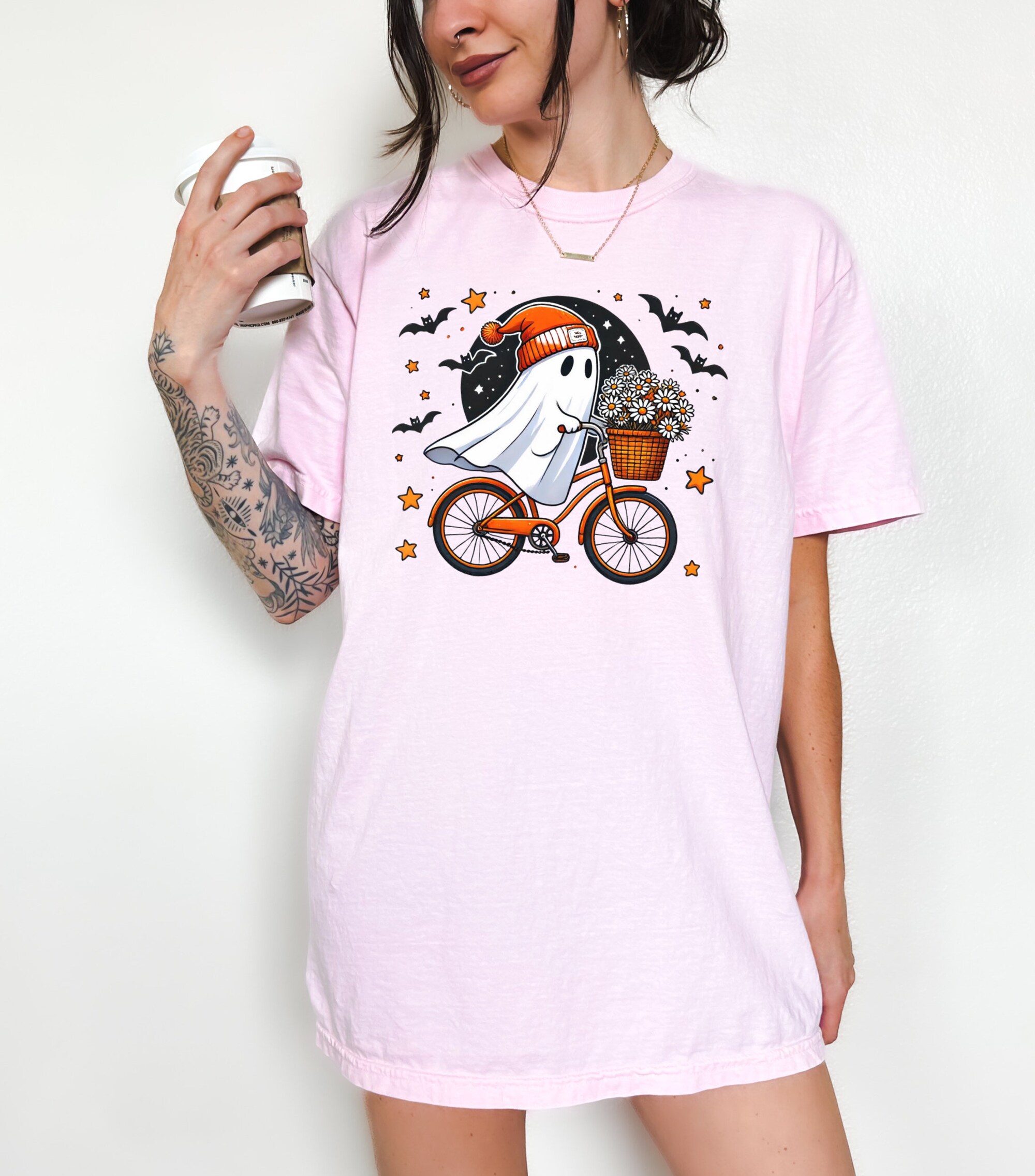 Cute Bicycle Ghost Shirt - Women's Spooky Season Halloween Party Tee image 2