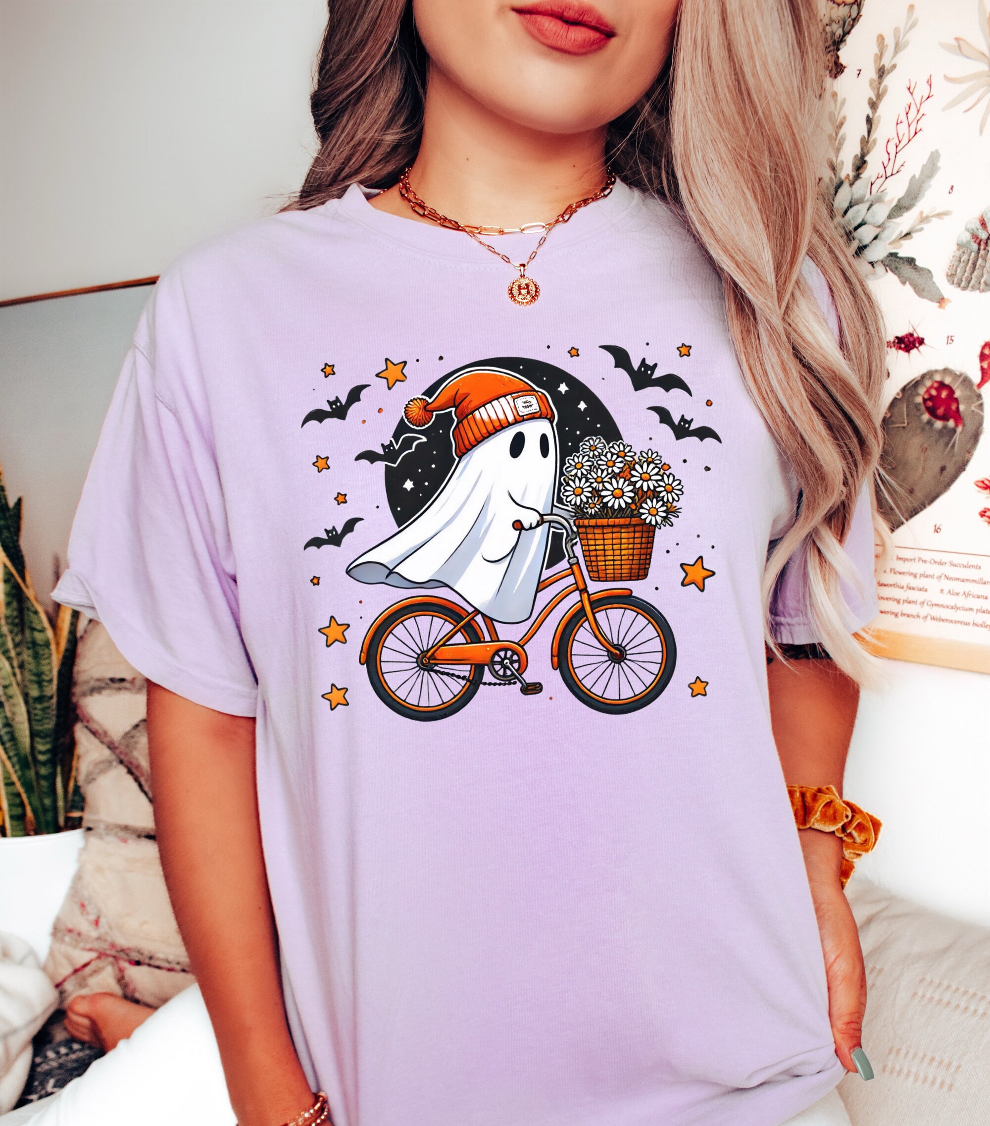 Cute Bicycle Ghost Shirt - Women's Spooky Season Halloween Party Tee image 3