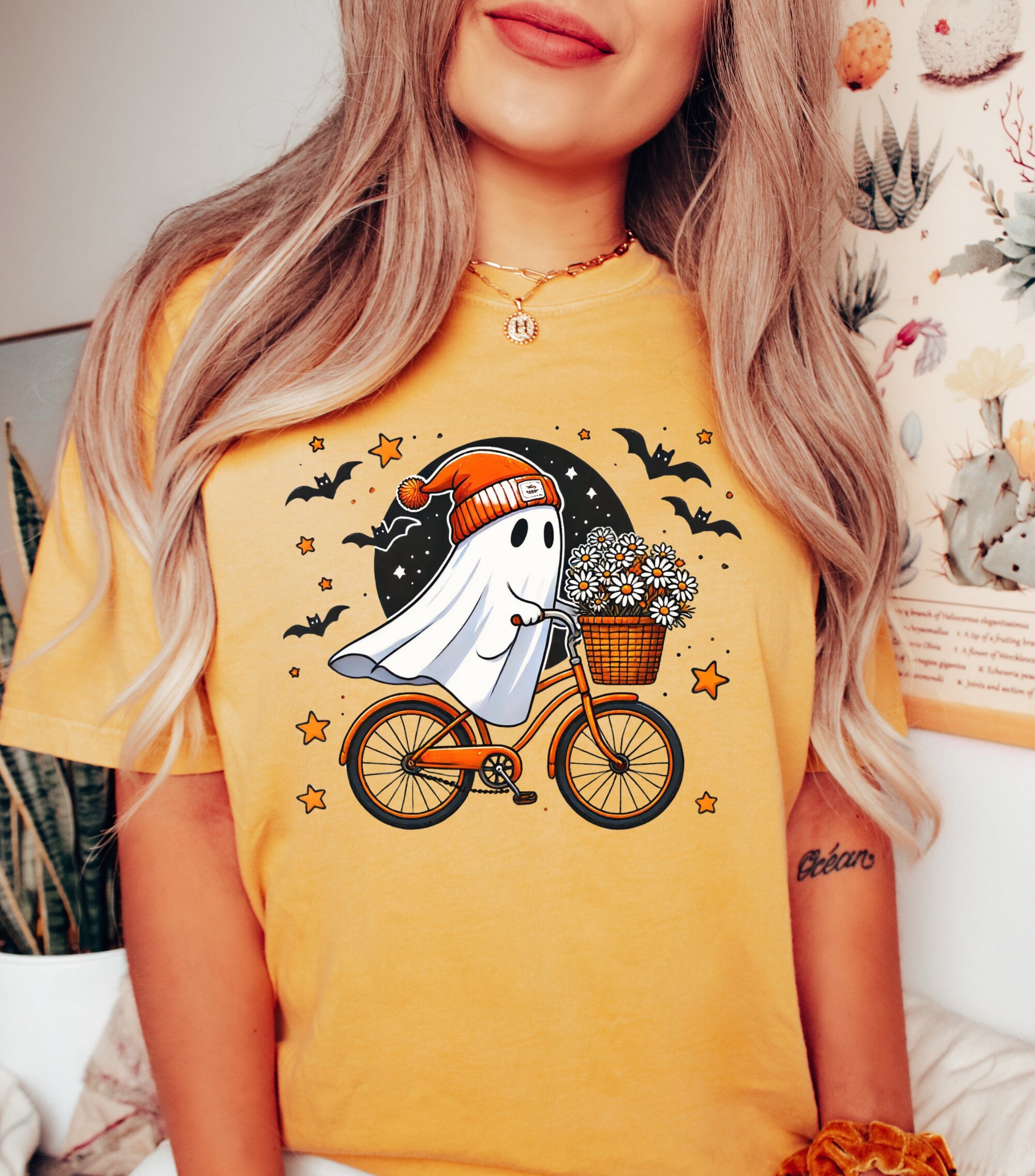 Cute Bicycle Ghost Shirt - Women's Spooky Season Halloween Party Tee image 1