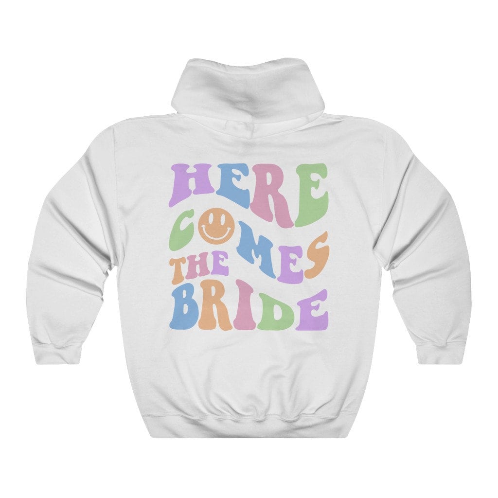 Here Comes the Bride Hoodie, Retro Bachelorette Party, Bride Bridesmaid Hoodie, Groovy Trendy Back Design Shirt, Oversized Y2K Aesthetic image 1