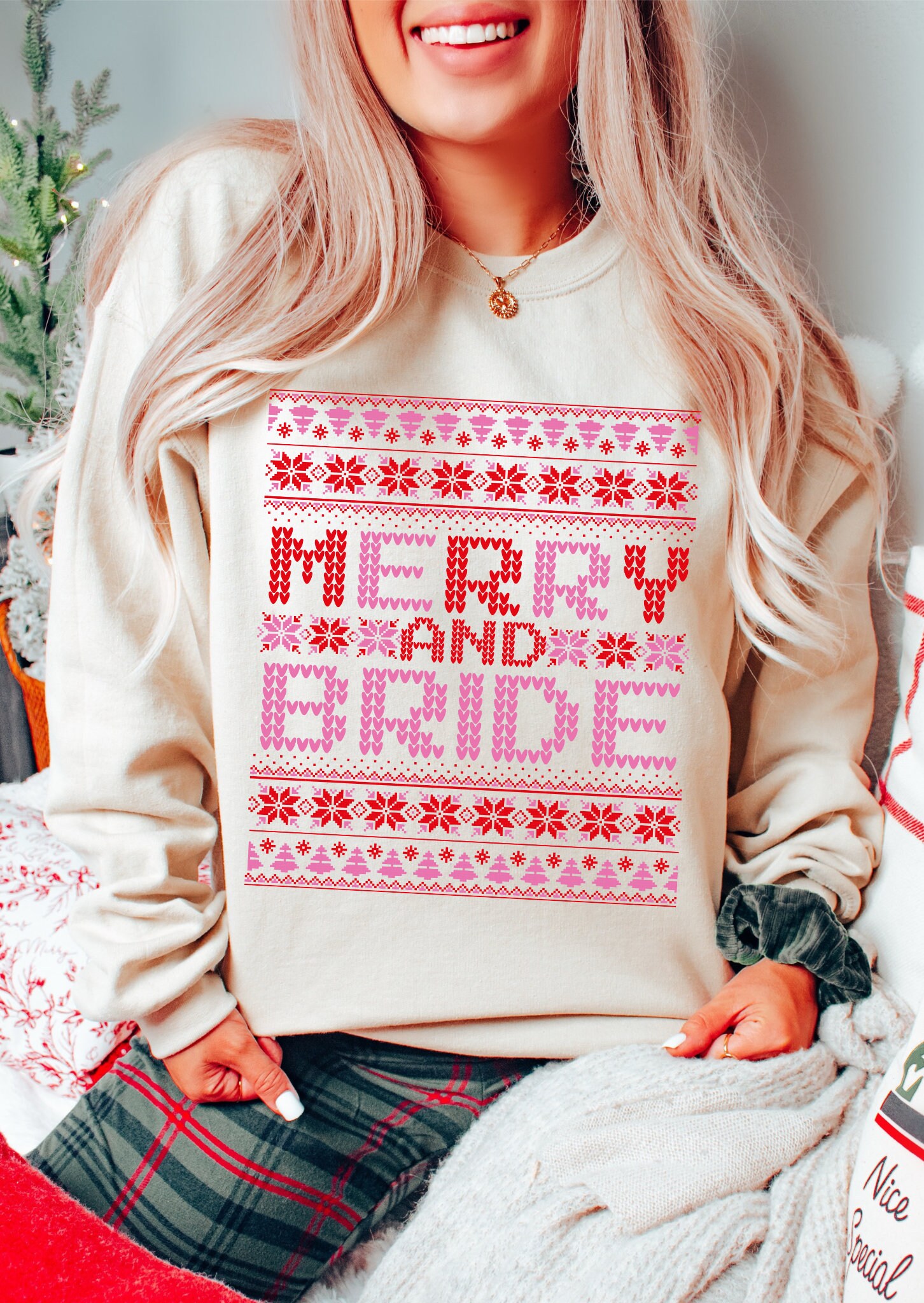 Merry Bride Ugly Christmas Sweatshirt: Holiday Gift for Bride Ugly Xmas Bride image 2