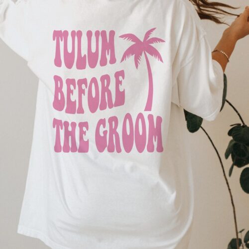 Tulum Before the Groom Shirt, Retro Bride Bridesmaid Tee, Groovy Bachelorette Party Group Vacation, Aesthetic Bridal Party, Words on Back image 0