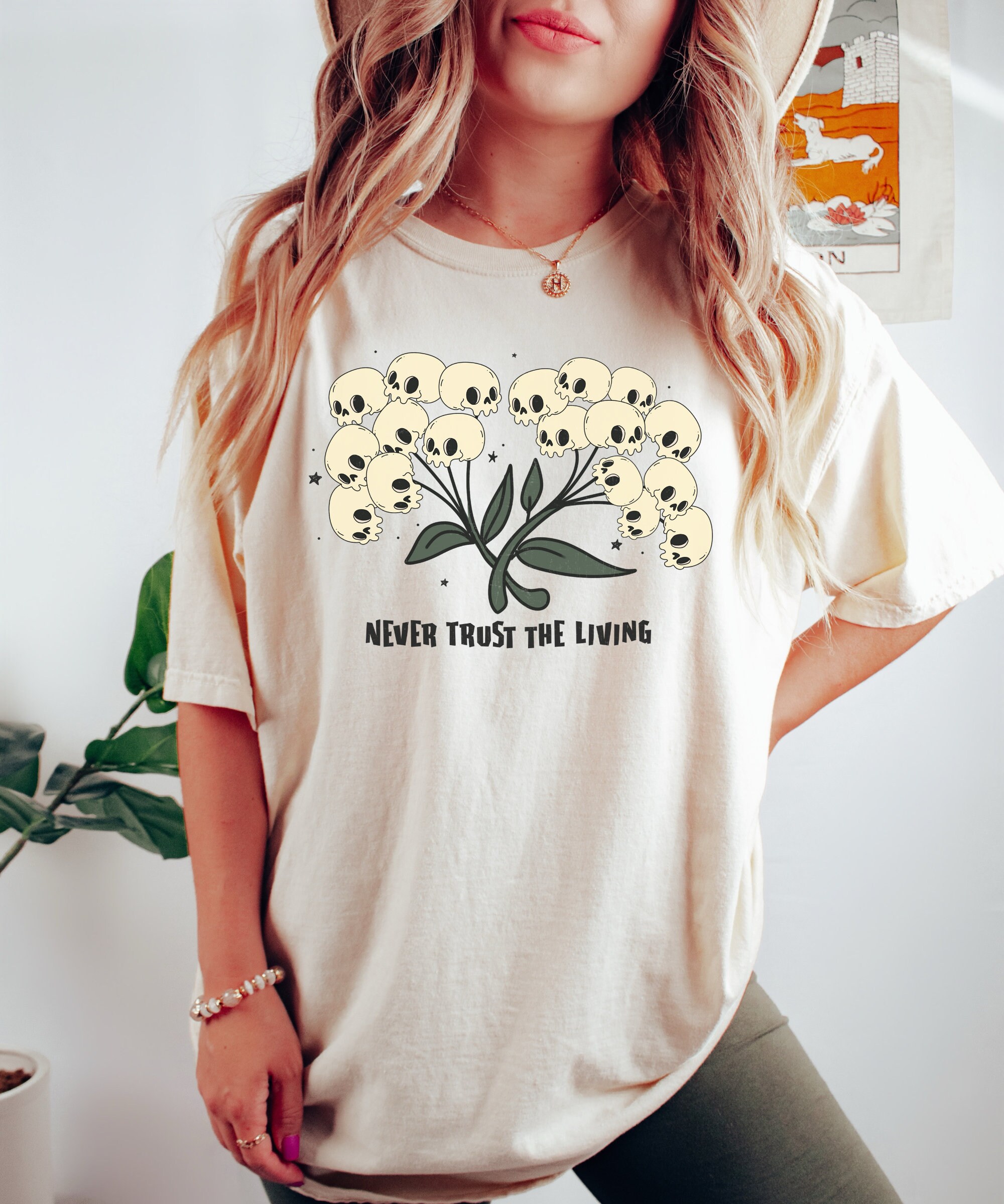 Never Trust The Living - Boho Skull Fall Tee Halloween Shirt image 1