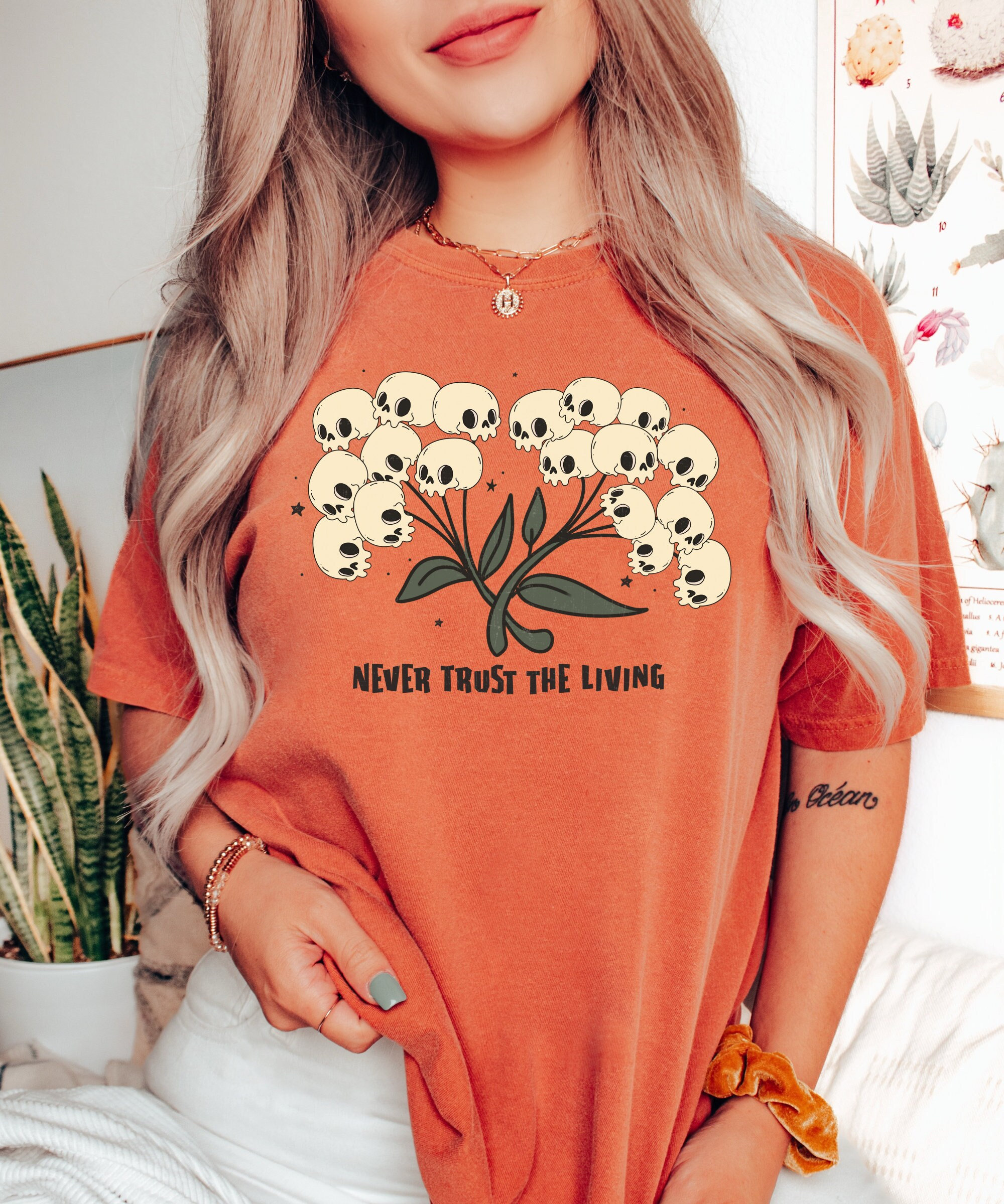 Never Trust The Living - Boho Skull Fall Tee Halloween Shirt image 0