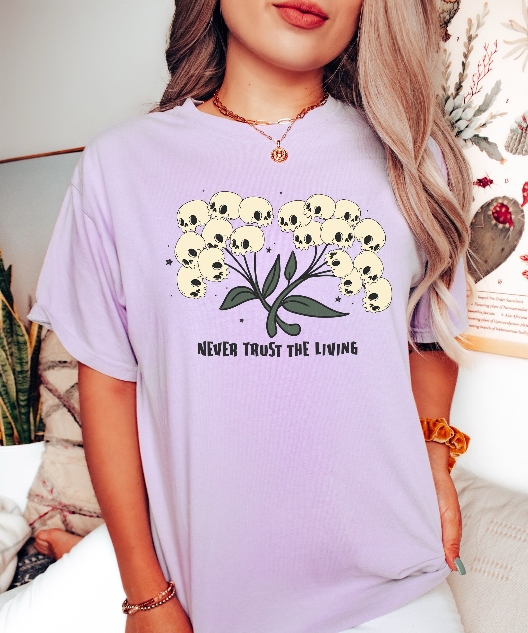 Never Trust The Living - Boho Skull Fall Tee Halloween Shirt image 3