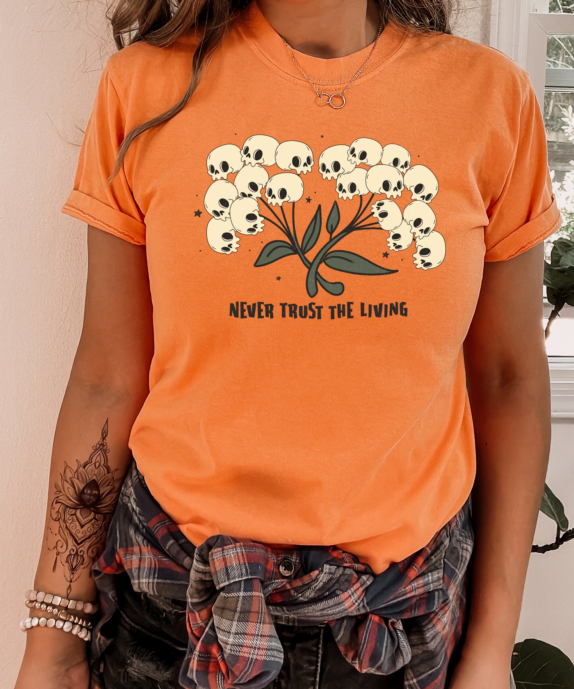 Never Trust The Living - Boho Skull Fall Tee Halloween Shirt image 4