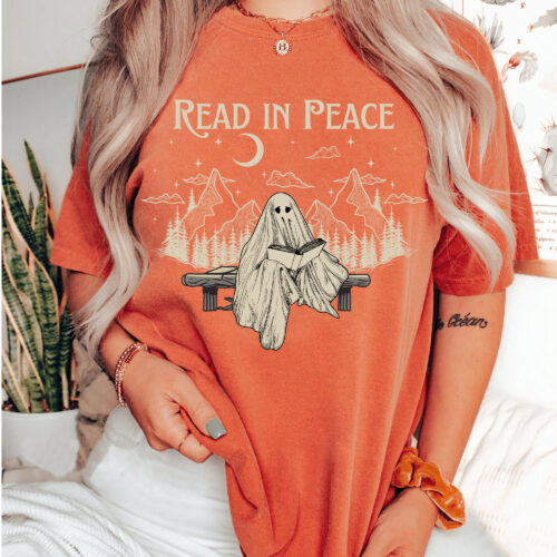 Book Lover Halloween Funny Ghost Nerd Teacher Librarian Spooky Season Shirt image 0