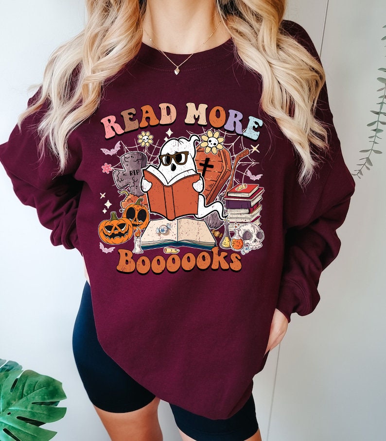 Retro Read More Books Ghost Teacher Halloween Shirt: Vintage Librarian Gift for Book Lover image 3