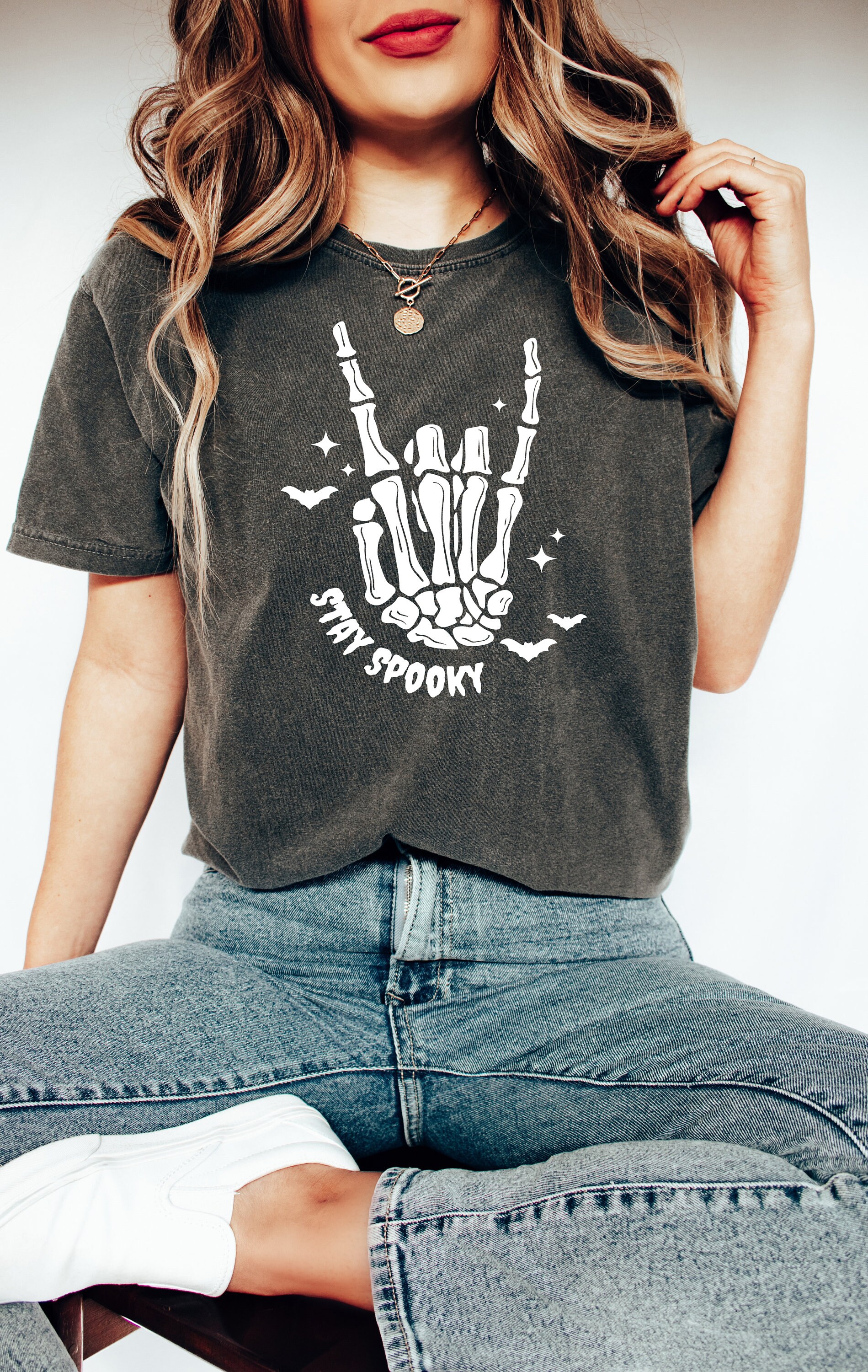 Stay Spooky Skeleton Hands Shirt: Witchy Retro Fall Halloween Outfit image 3