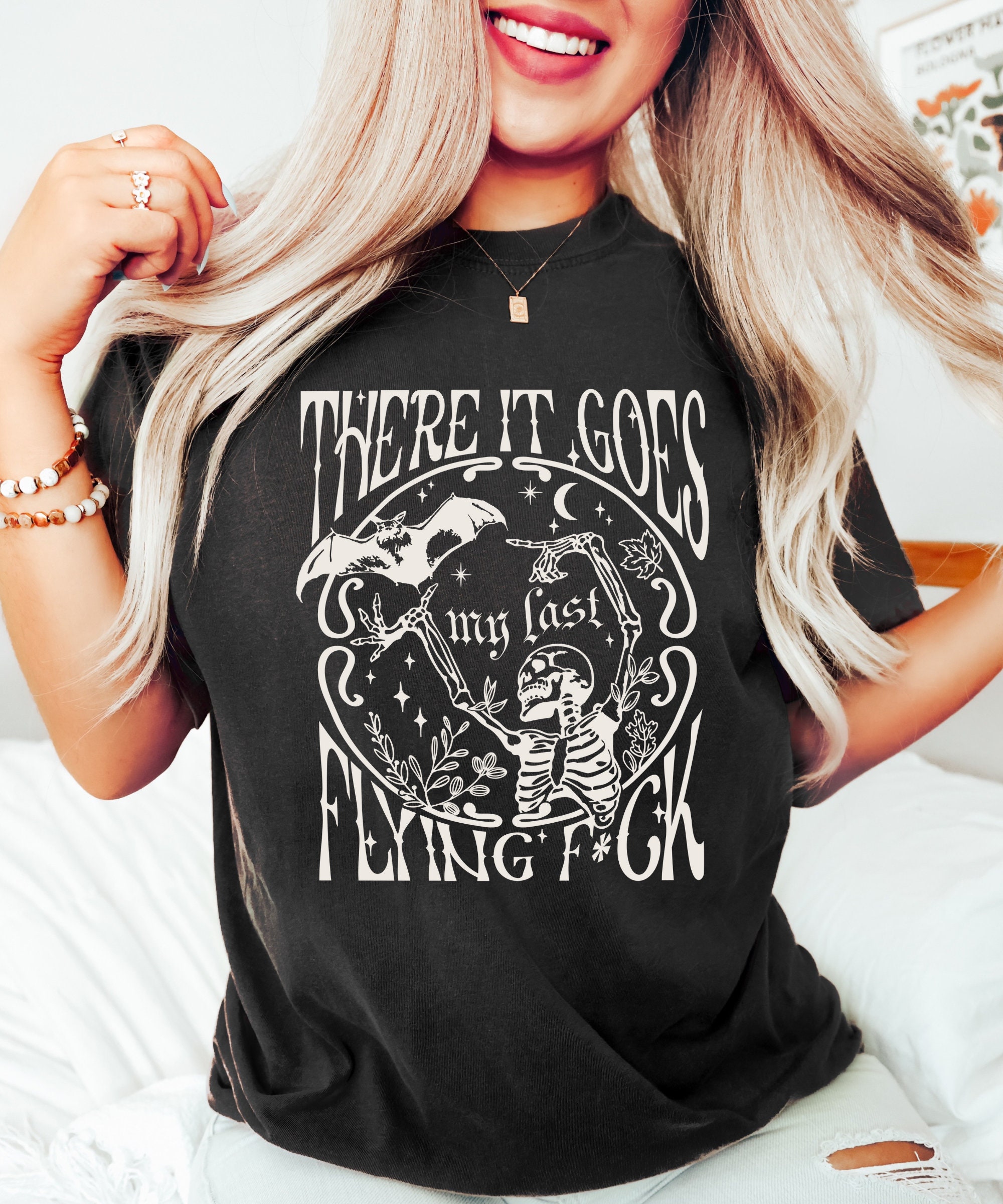 There It Goes My Last Flying F*ck Shirt - Funny Halloween Skeleton image 2