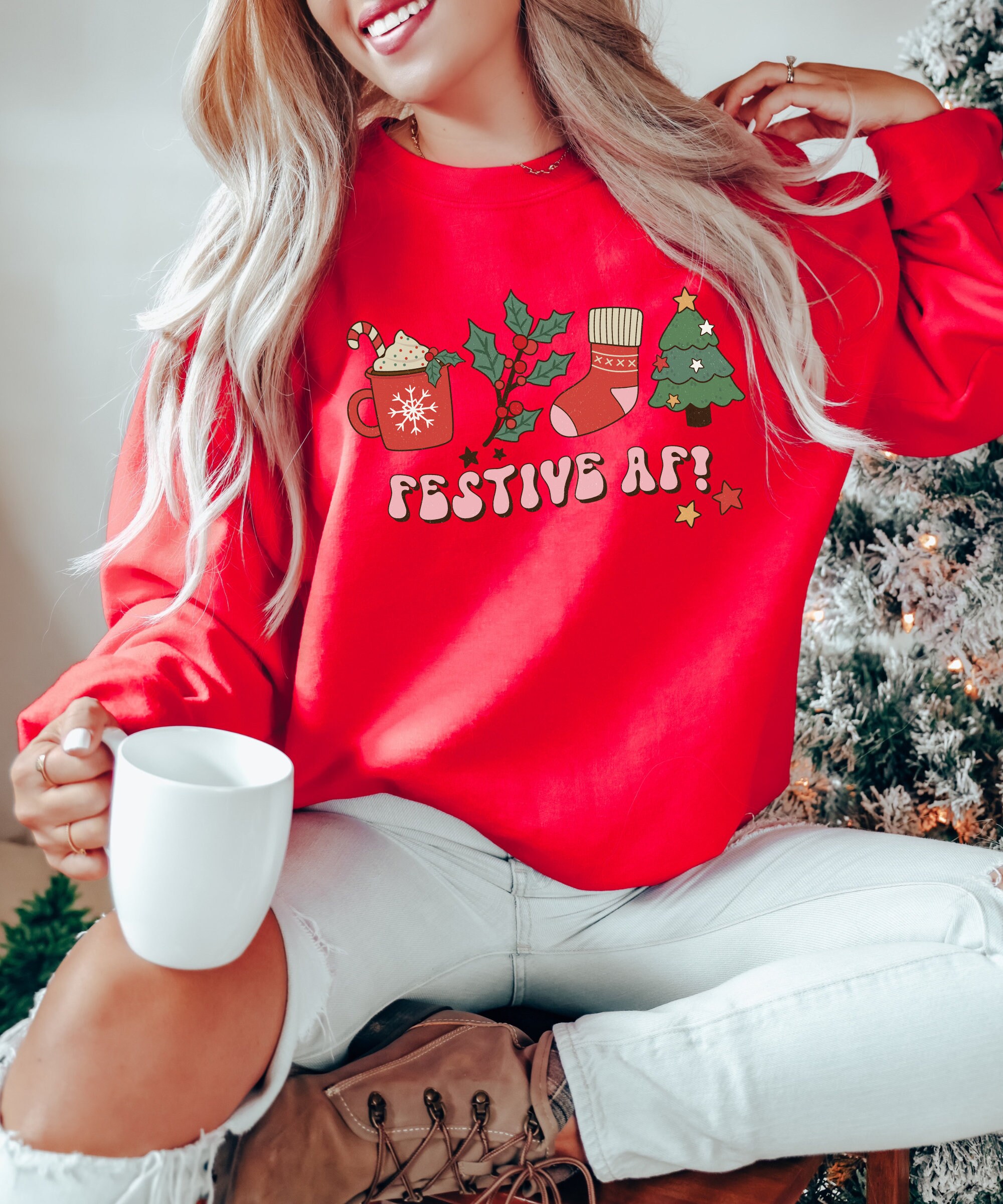 Festive Womens Christmas Sweatshirt - Merry & Festive AF Design image 2