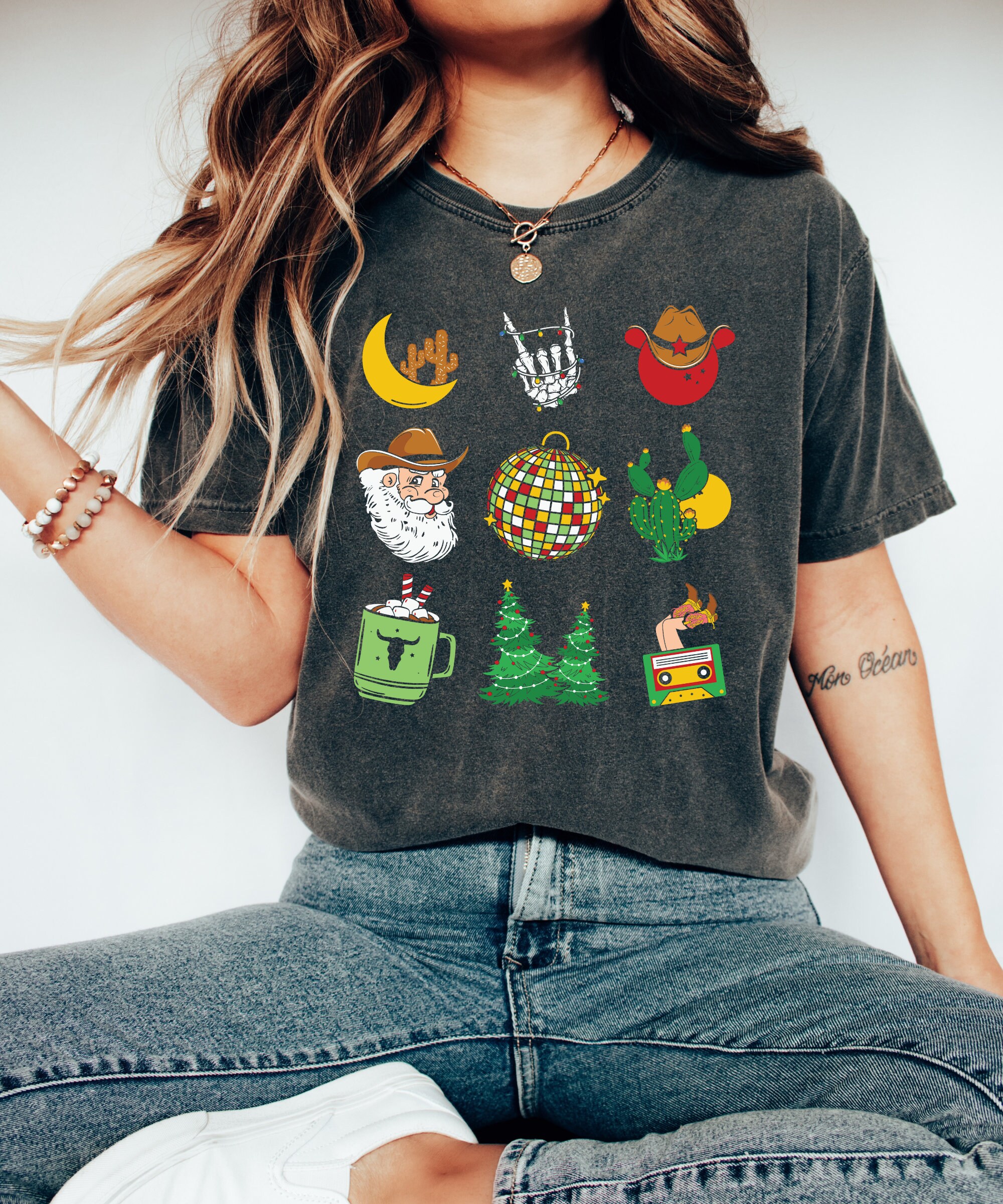 Western Cowboy Christmas Shirts: Retro Santa & Tree Tee for Women image 1