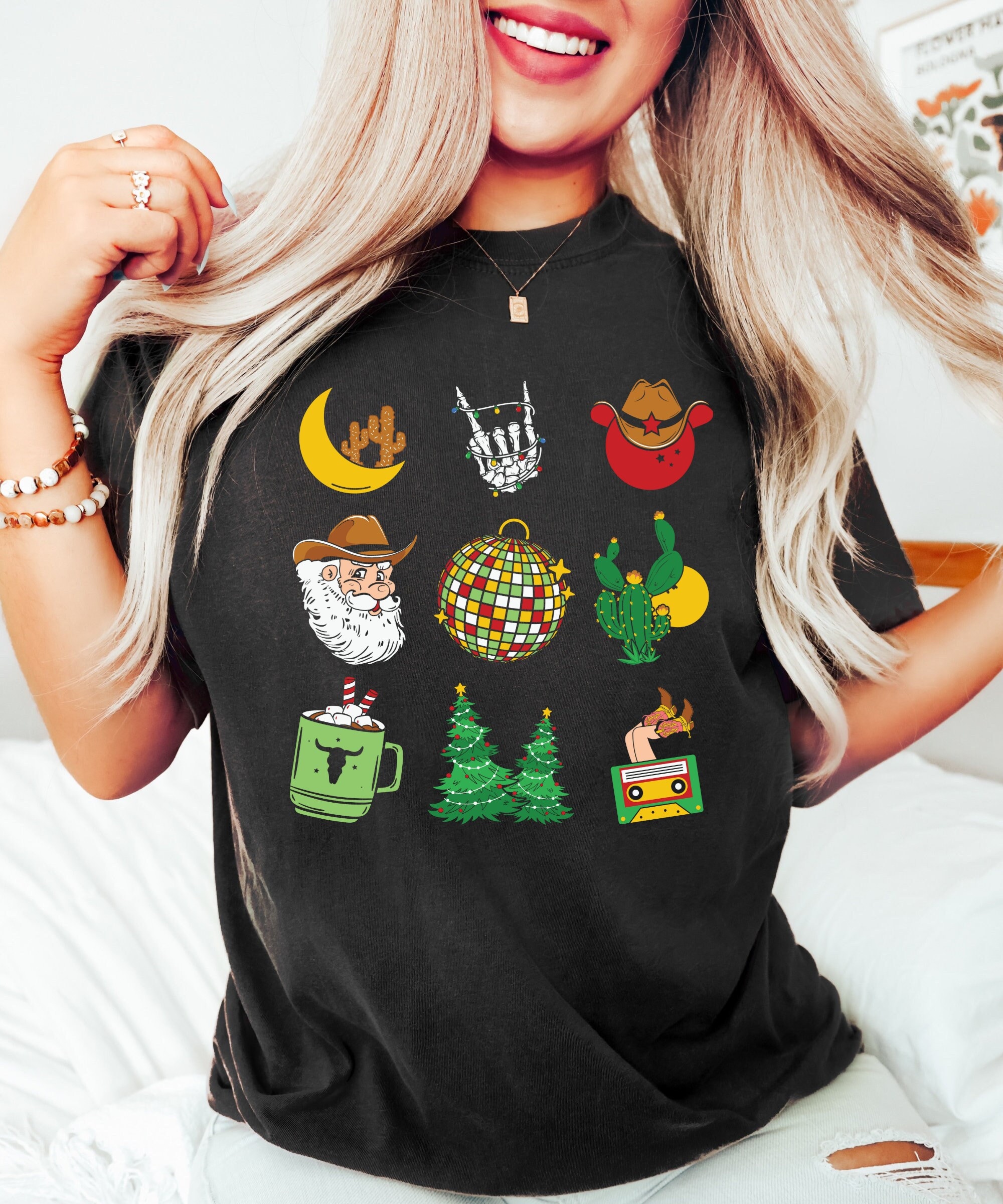 Western Cowboy Christmas Shirts: Retro Santa & Tree Tee for Women image 0