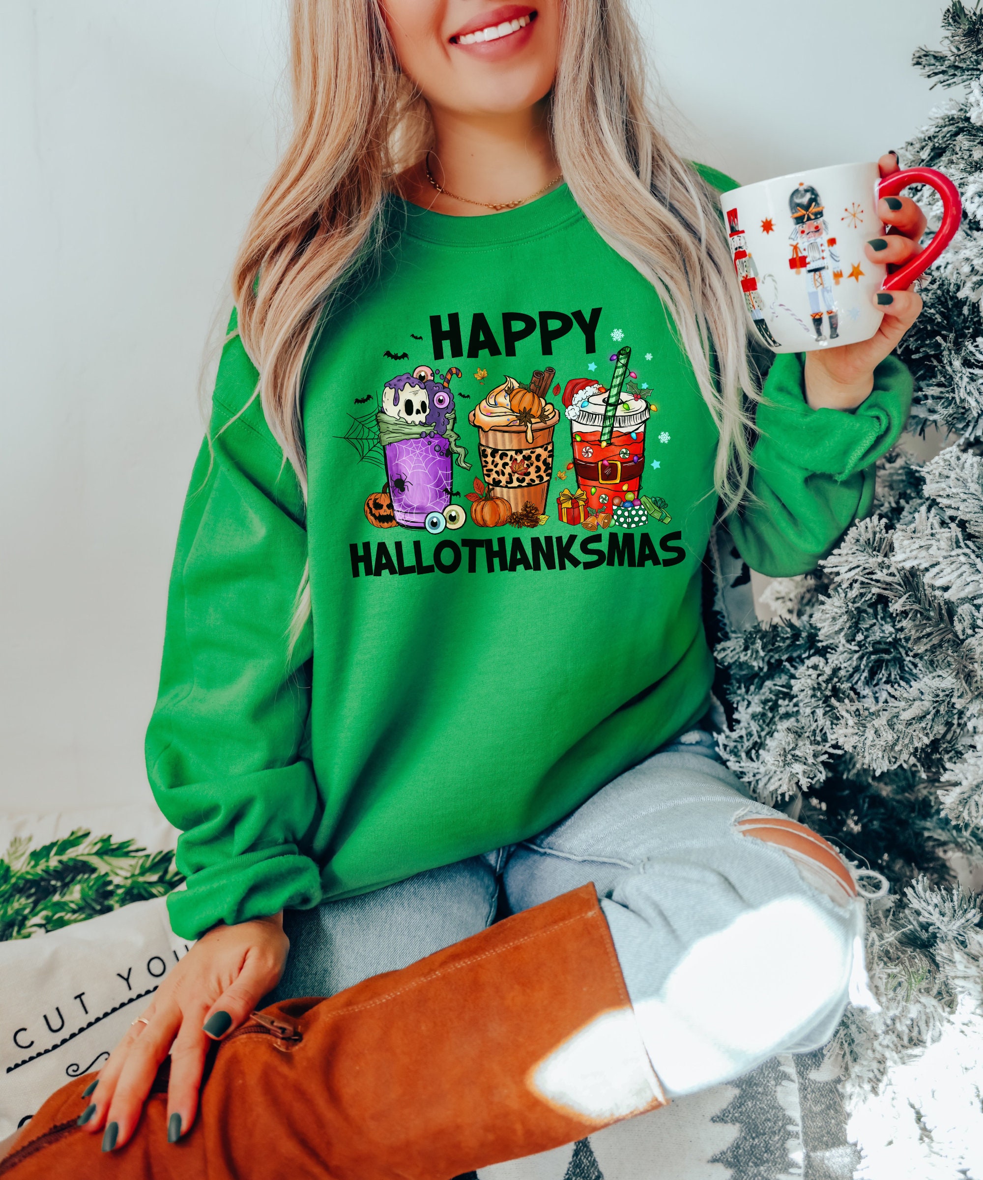 Happy Hallothanksmas Sweatshirt - Festive Holiday Season Style Christmas Tee image 3