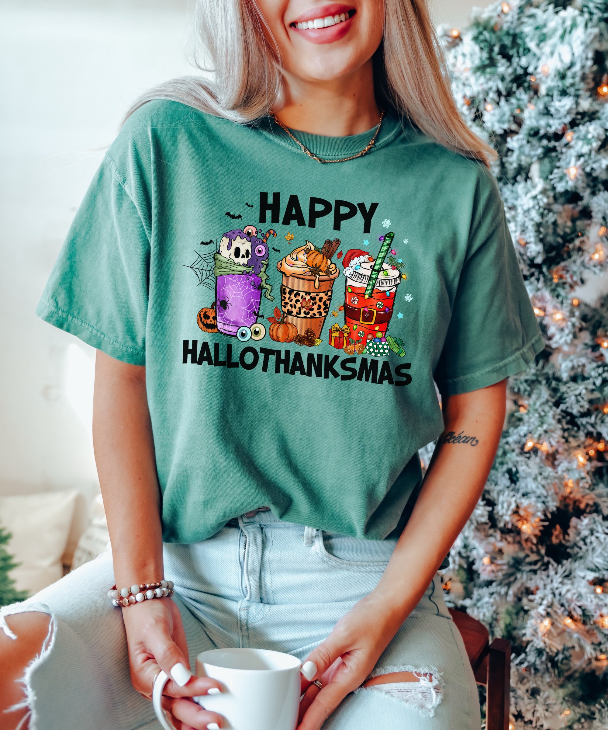 Happy Hallothanksmas Shirt - Festive Holiday Season Tee Christmas Shirt image 2