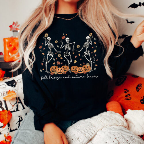 Dancing Skeleton Sweatshirt - Pumpkin Fall Halloween Party Sweater image 0