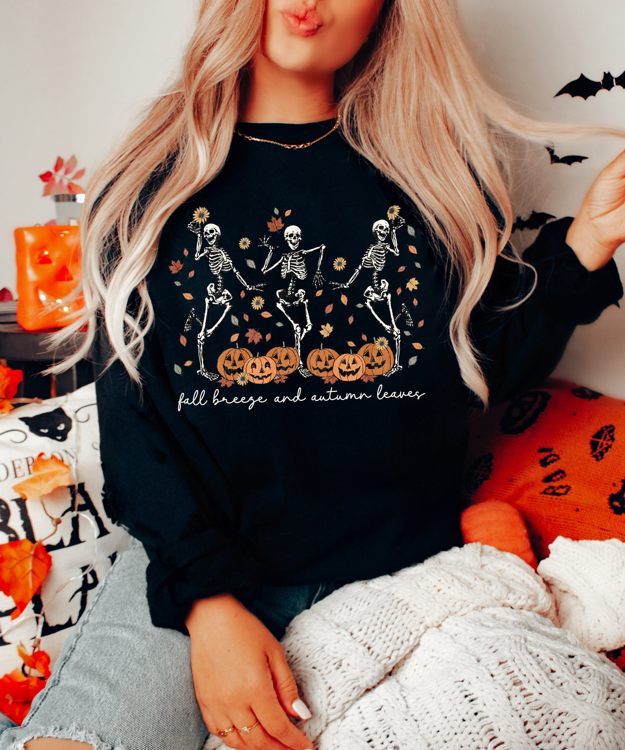 Dancing Skeleton Sweatshirt - Pumpkin Fall Halloween Party Sweater image 0