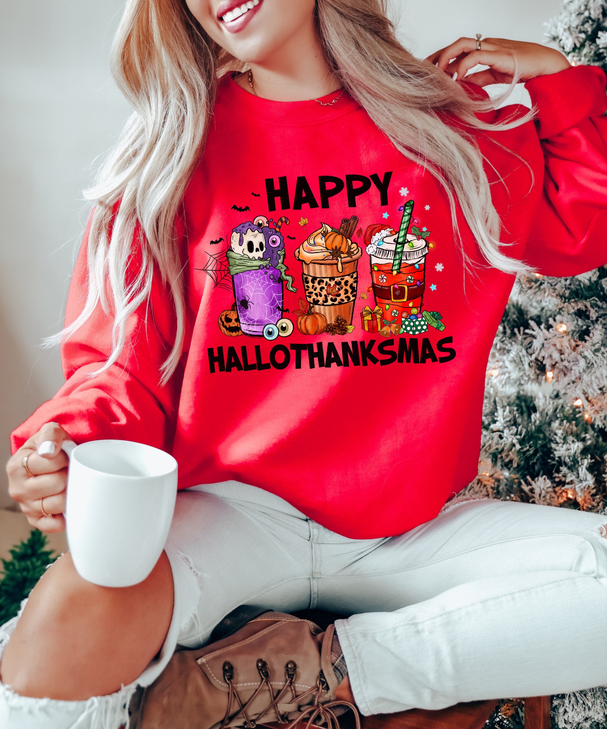 Happy Hallothanksmas Sweatshirt - Festive Holiday Season Style Christmas Tee image 2