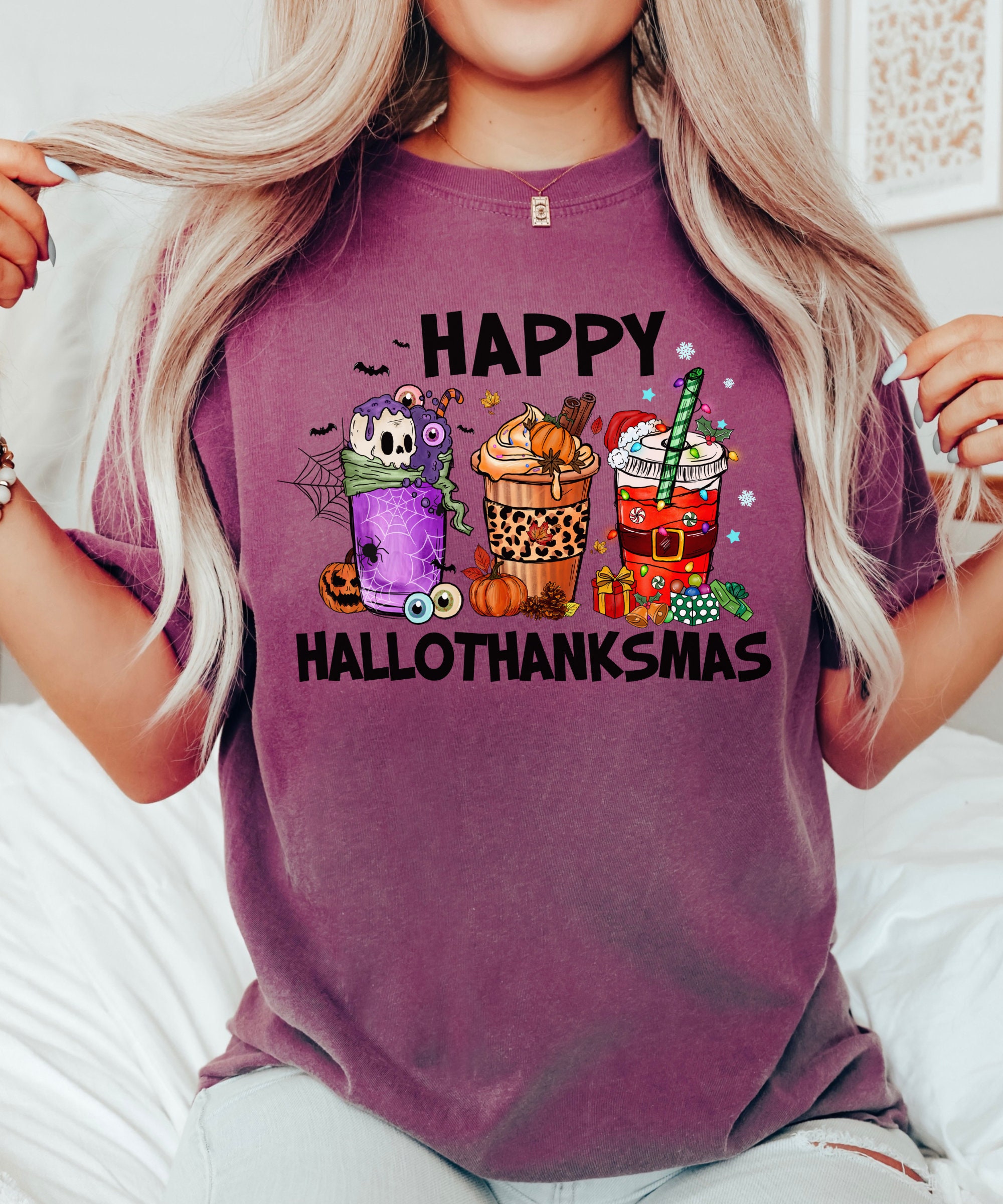 Happy Hallothanksmas Shirt - Festive Holiday Season Tee Christmas Shirt image 4