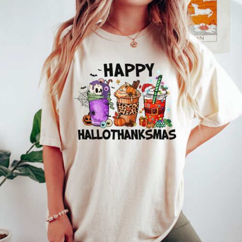 Happy Hallothanksmas Shirt - Festive Holiday Season Tee Christmas Shirt image 0