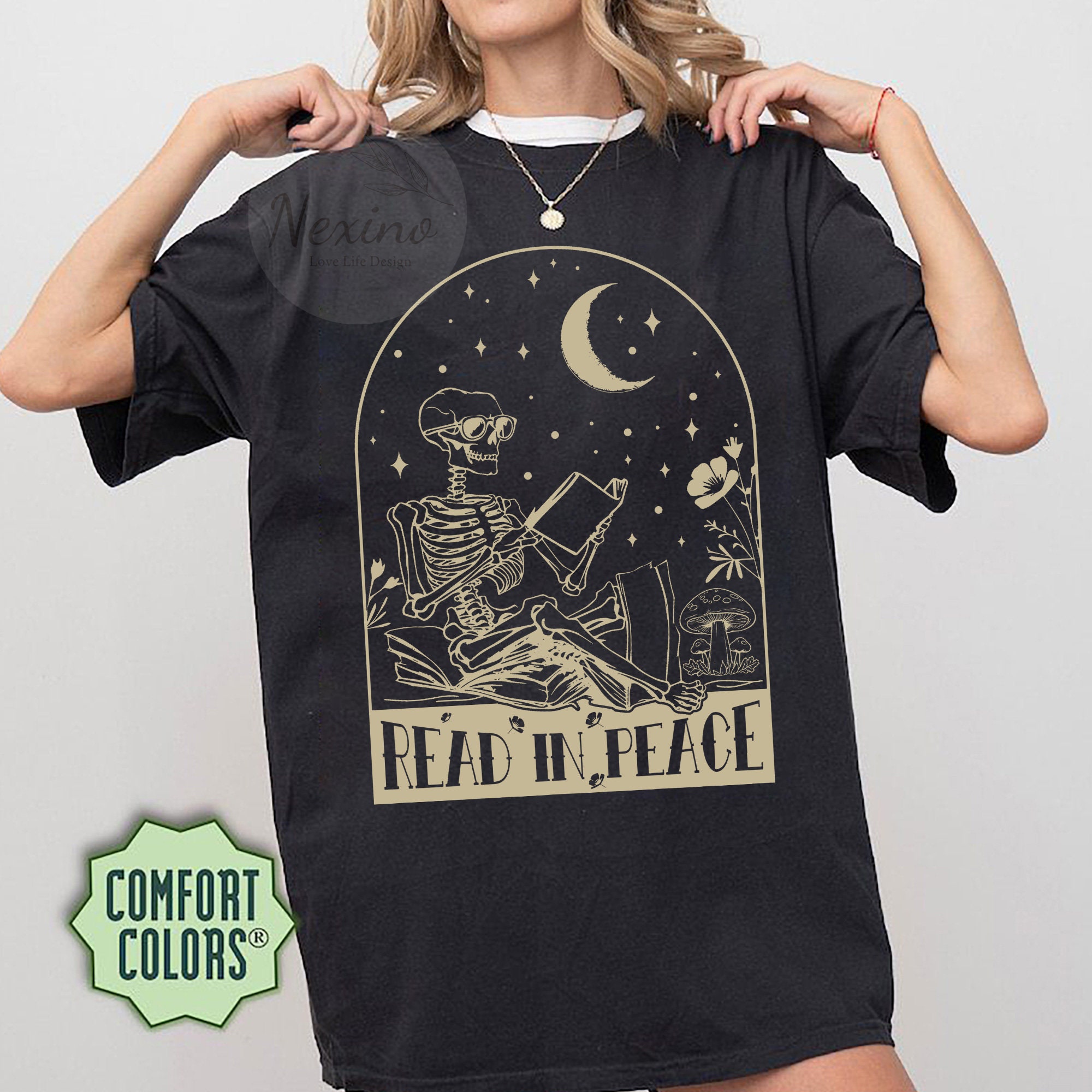 Read in Peace Shirt: Skeleton Reading Book Lover Halloween Tee image 1