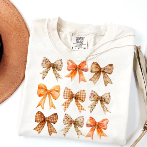 Retro Fall Shirt for Women with Girly Coquette Bow Aesthetic Thanksgiving Tee image 0