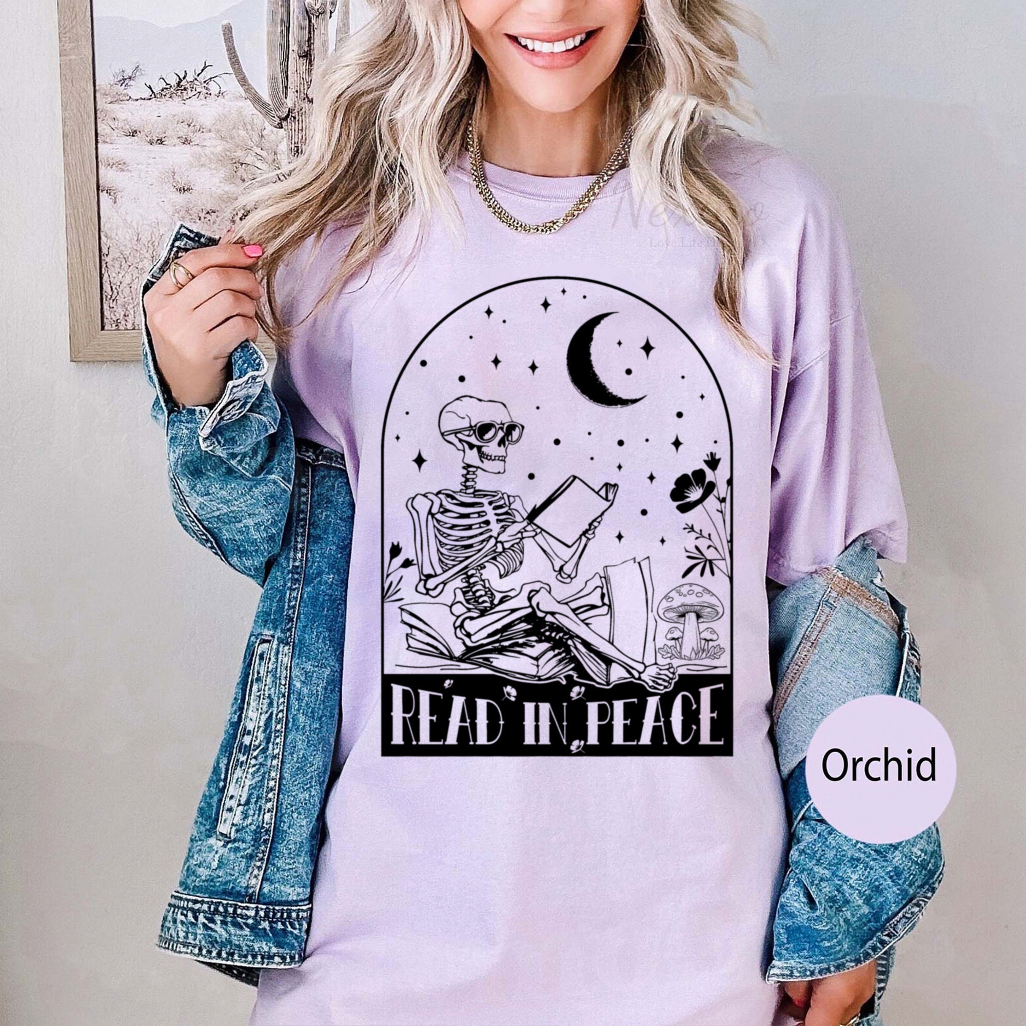 Read in Peace Shirt: Skeleton Reading Book Lover Halloween Tee image 2