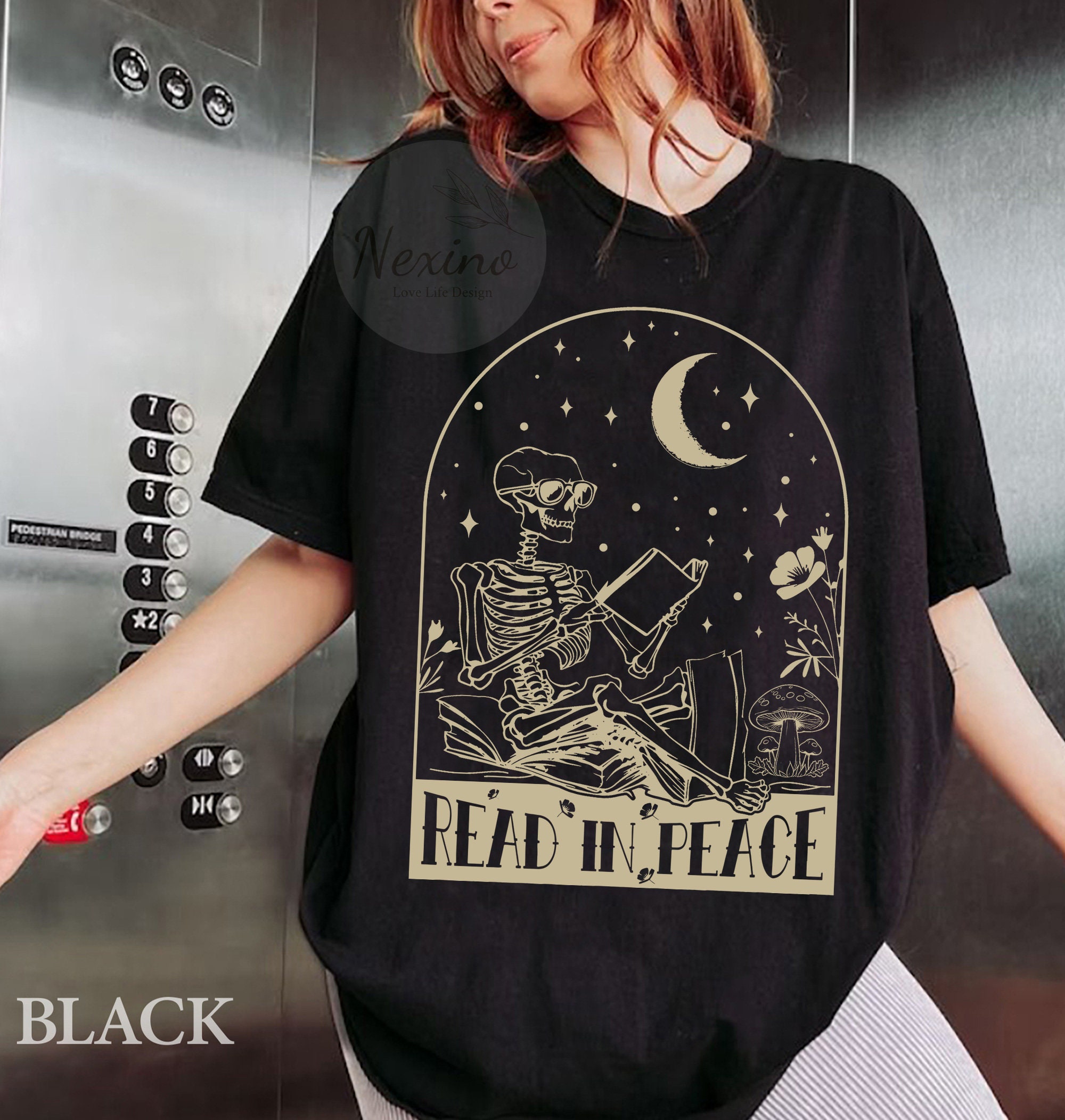 Read in Peace Shirt: Skeleton Reading Book Lover Halloween Tee image 3