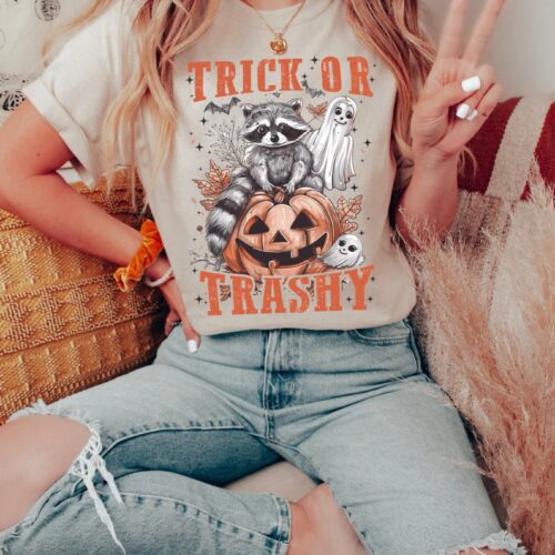 Funny Fall Raccoon Shirt Feral Girl Halloween Tee image 0