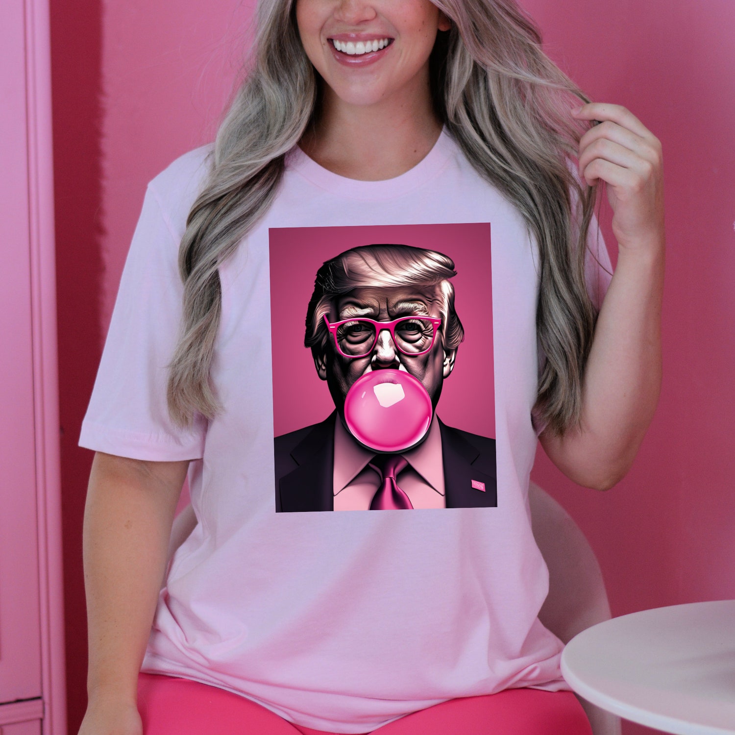 Trump Pink Bubblegum Graphic Tee Funny Sarcastic President Republican image 2