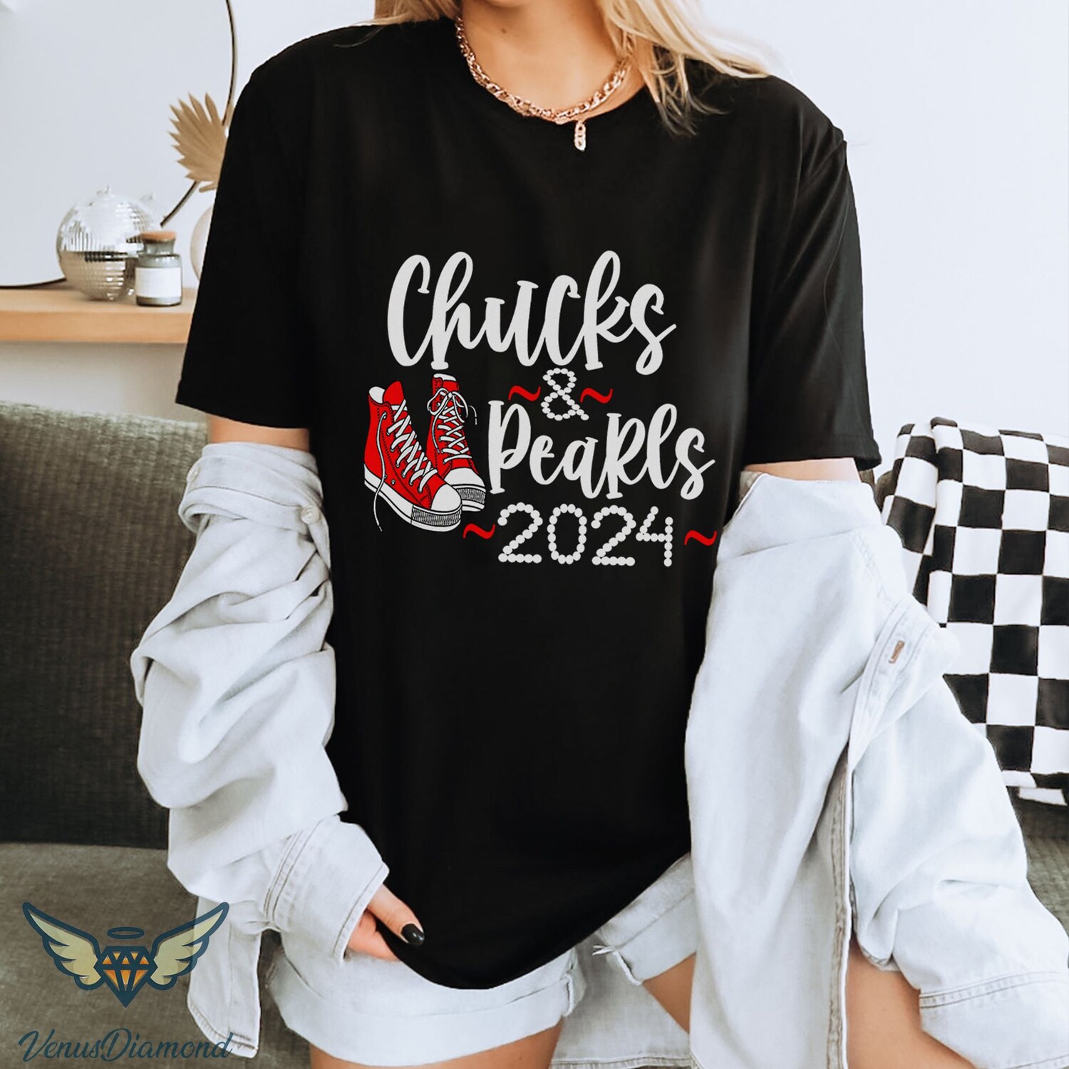 Kamala Harris 2024 Election T-Shirt Madam President Tee Chucks And Pearls Shirt image 1