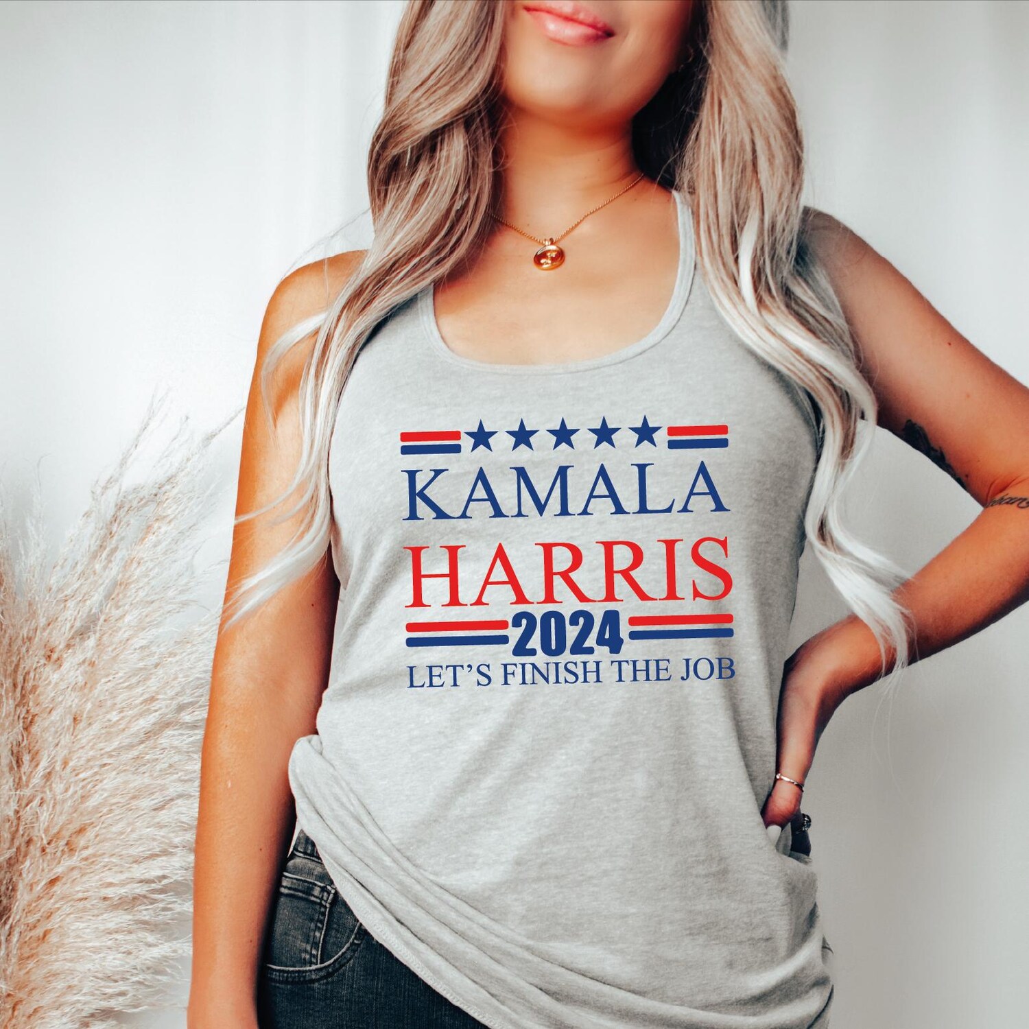 Kamala Harris 2024 Racerback Tank Top Let's Finish the Job Madam President Election Shirt image 1