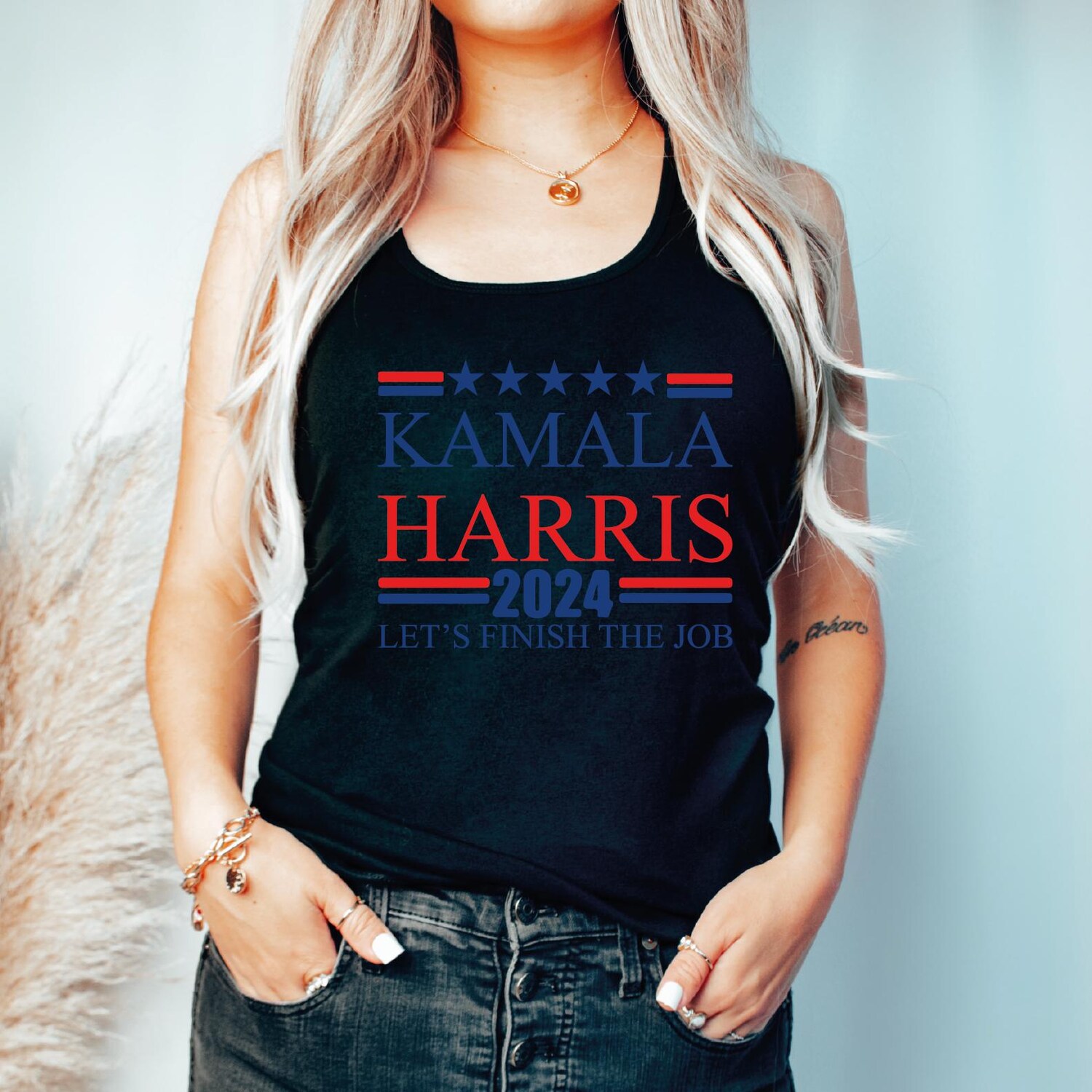 Kamala Harris 2024 Racerback Tank Top Let's Finish the Job Madam President Election Shirt image 2